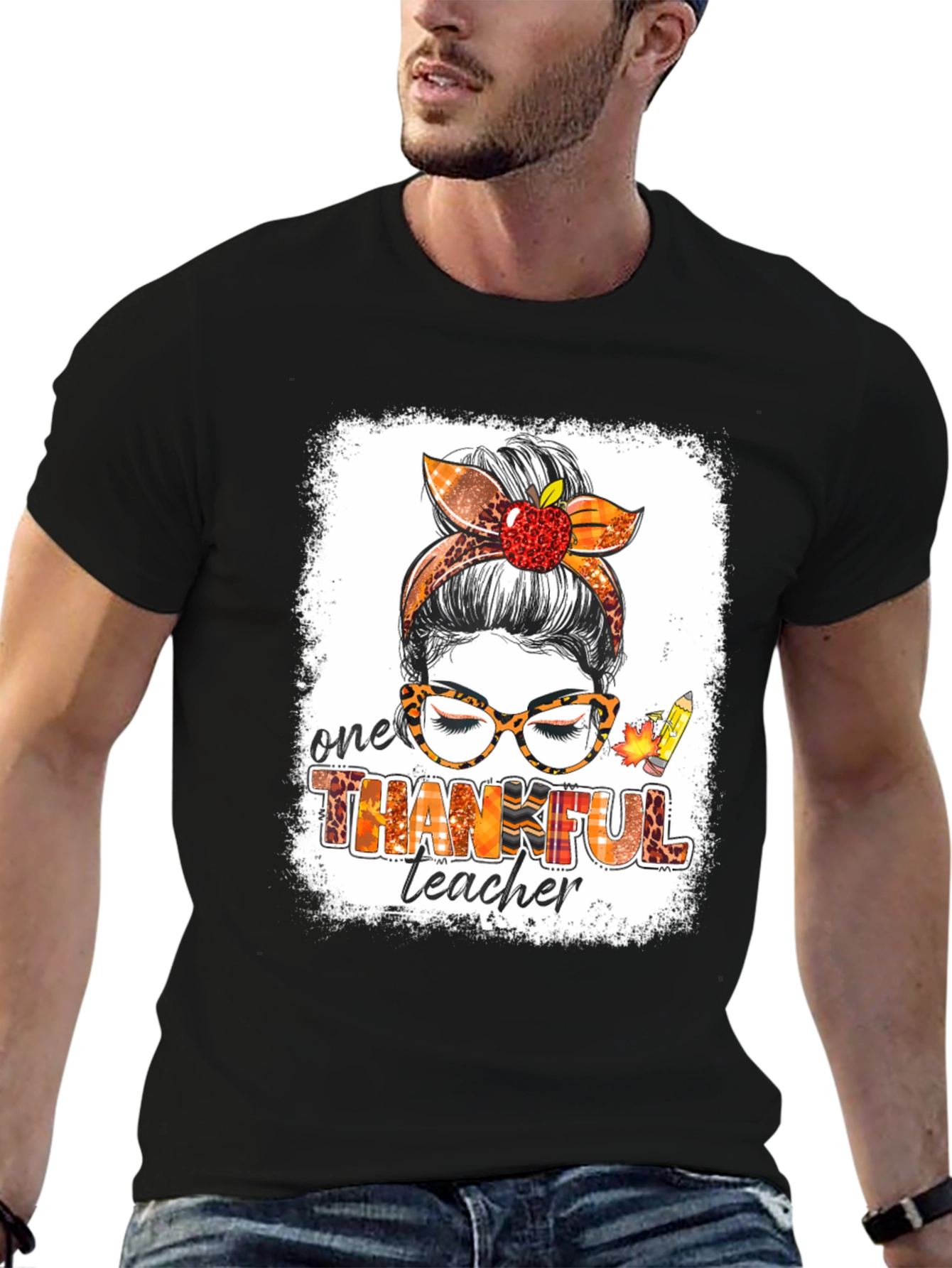 Thankful Teacher Messy Bun T-Shirt