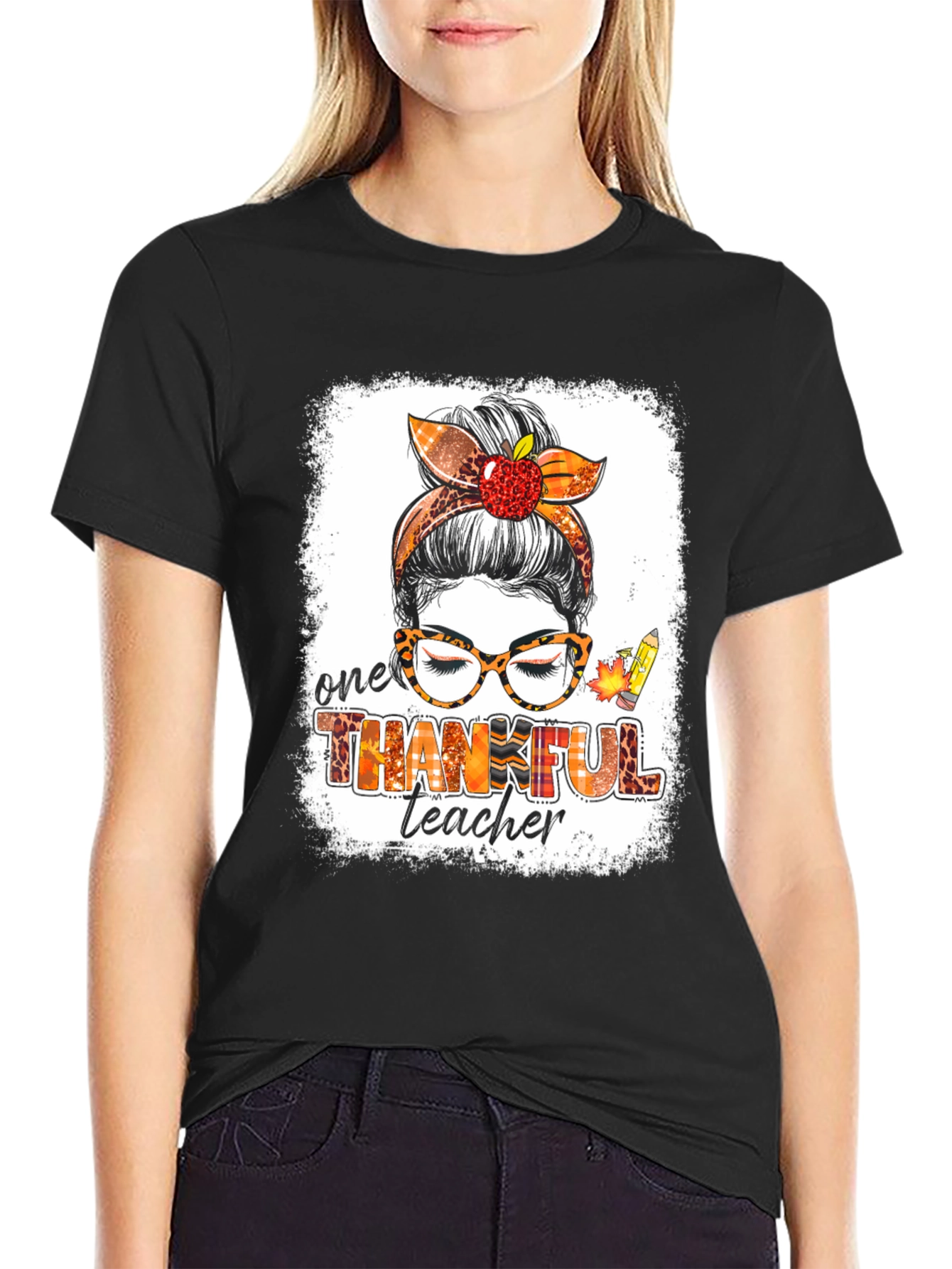 Thankful Teacher Messy Bun T-Shirt