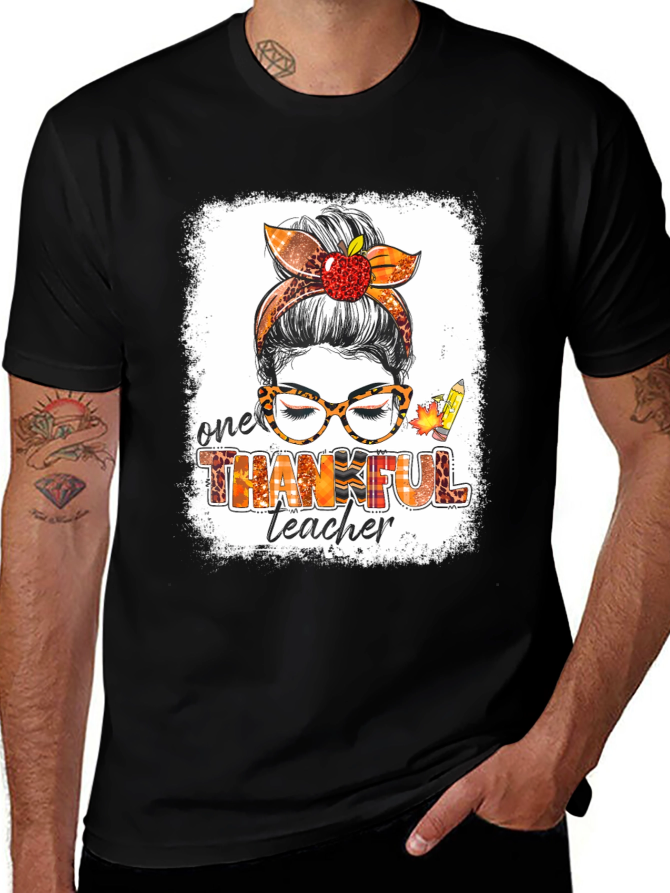 Thankful Teacher Messy Bun T-Shirt