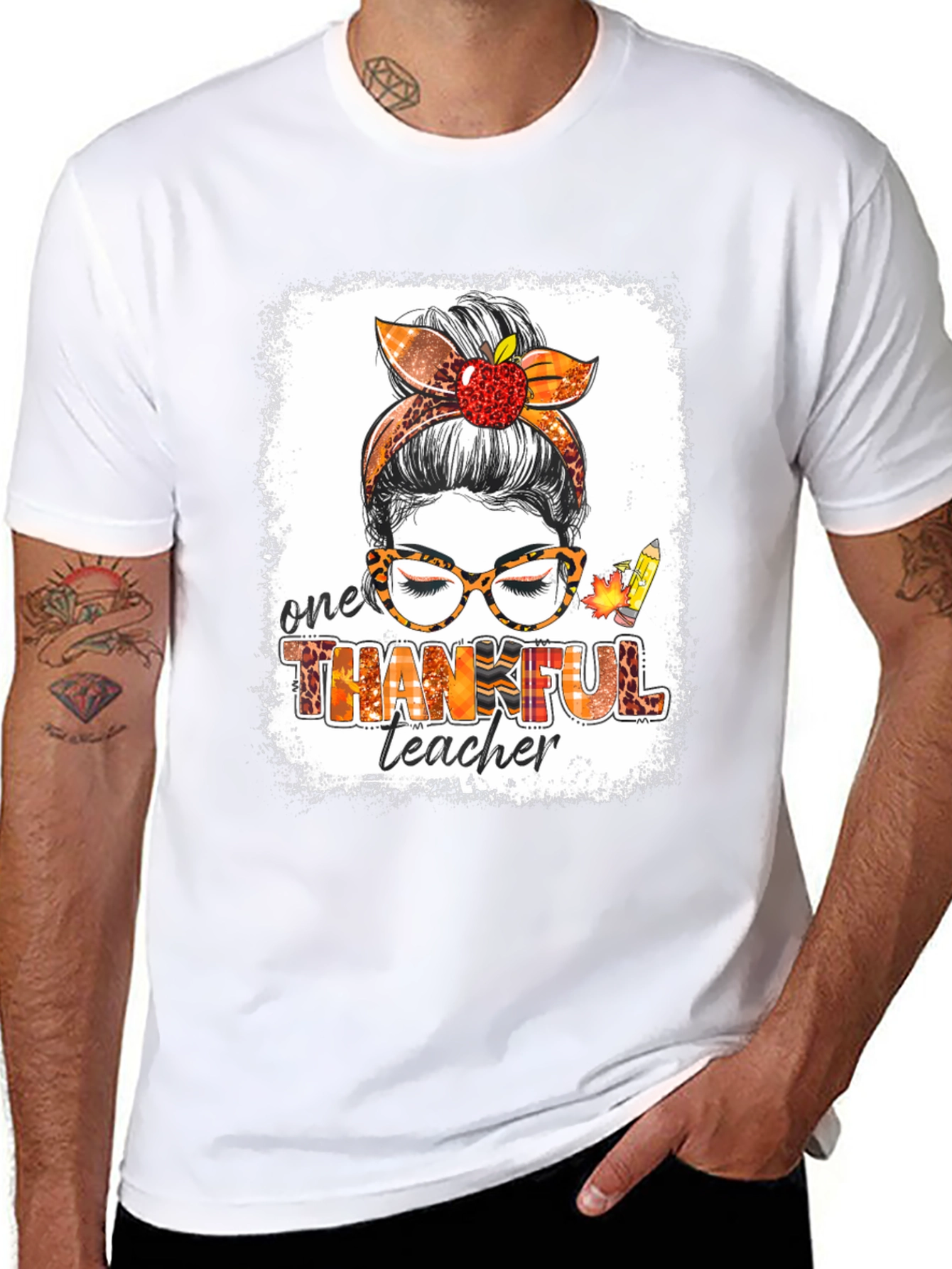 Thankful Teacher Messy Bun T-Shirt