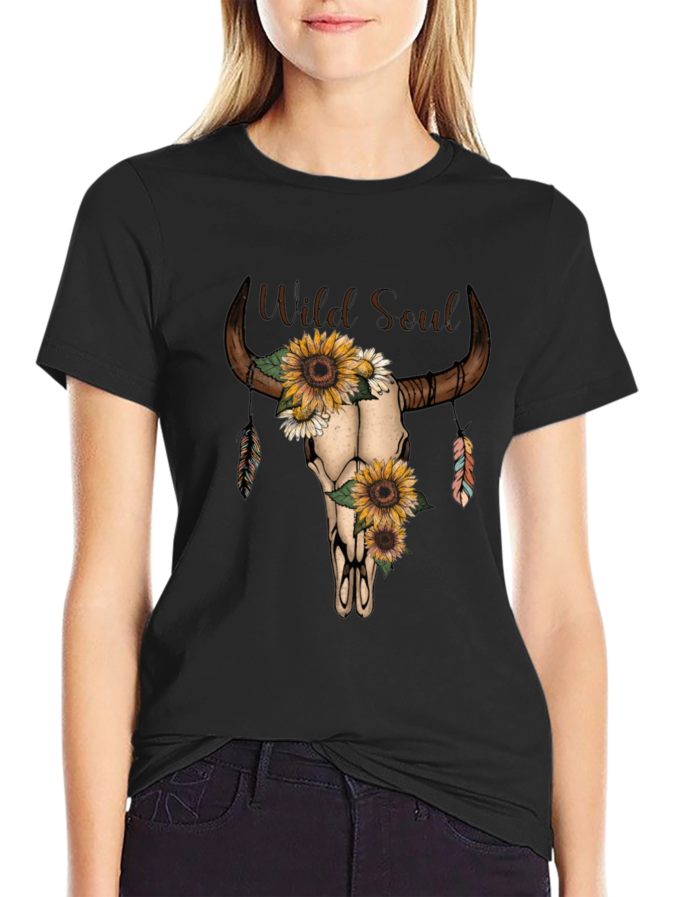 Wild Soul Sunflower Bull Skull Graphic Tee