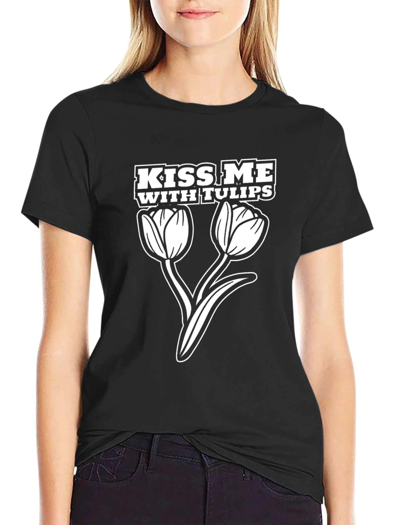 Kiss Me with Tulips Graphic Tee - Black
