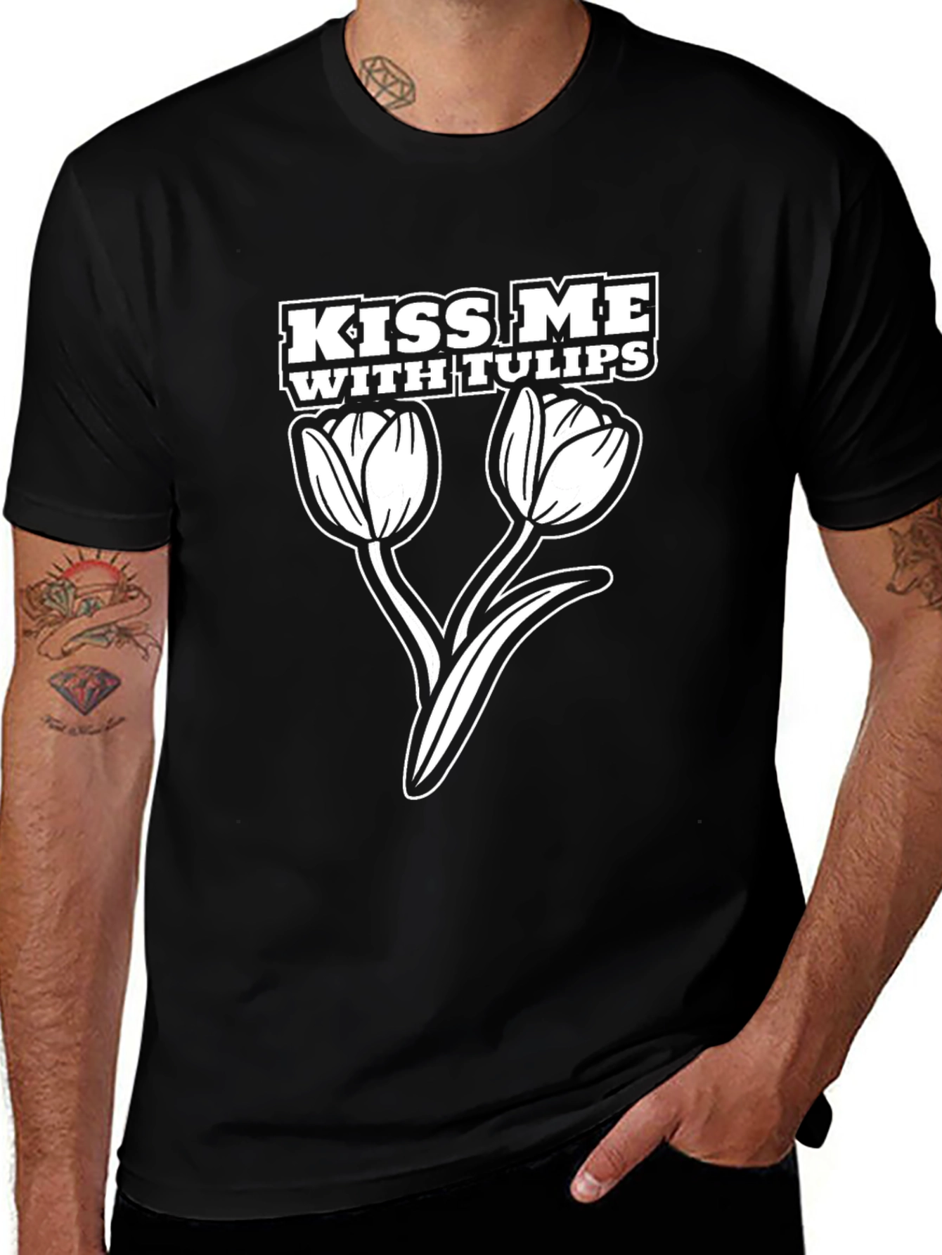 Kiss Me with Tulips Graphic Tee - Black