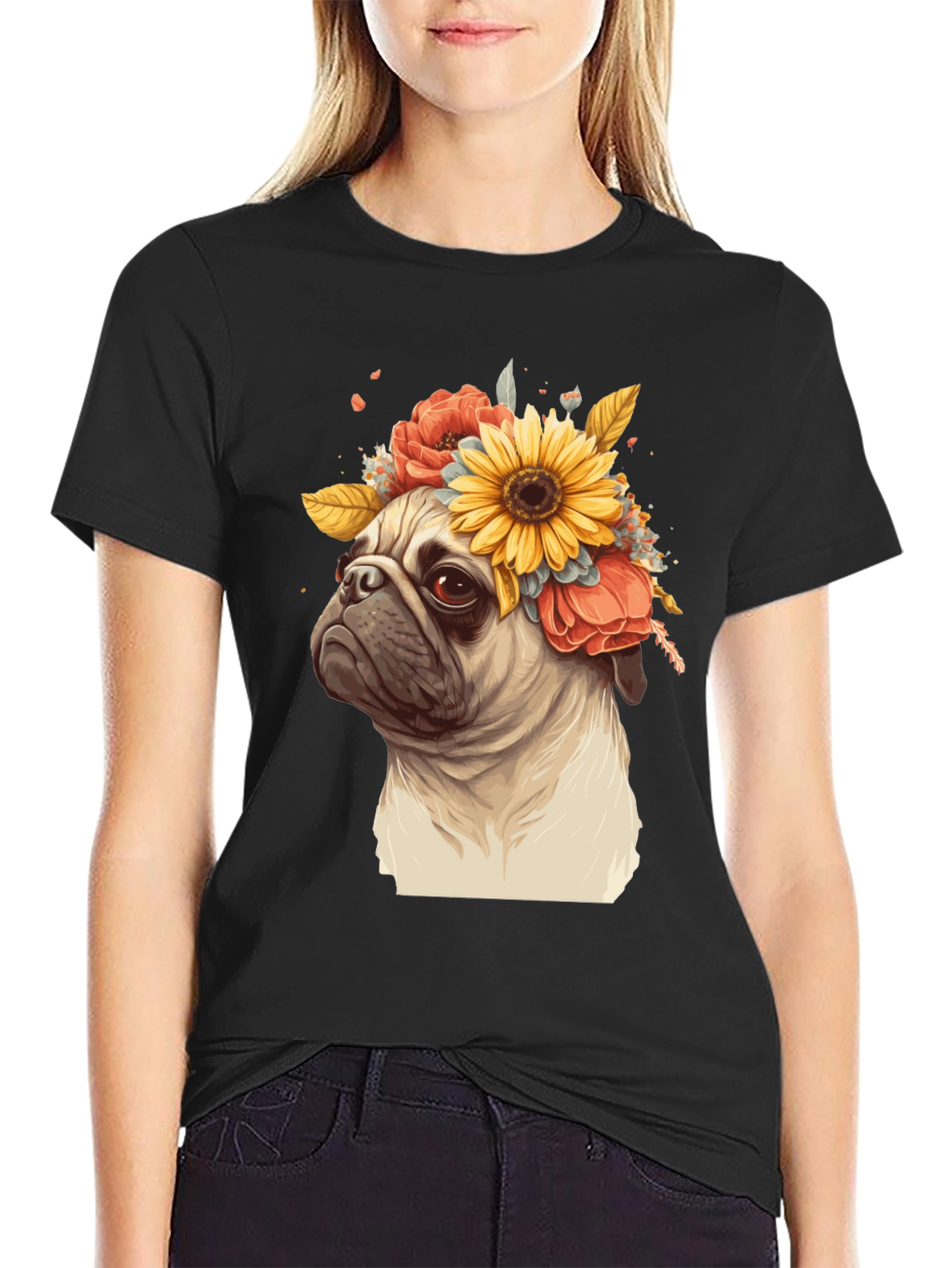 Pug with Floral Crown Graphic Tee