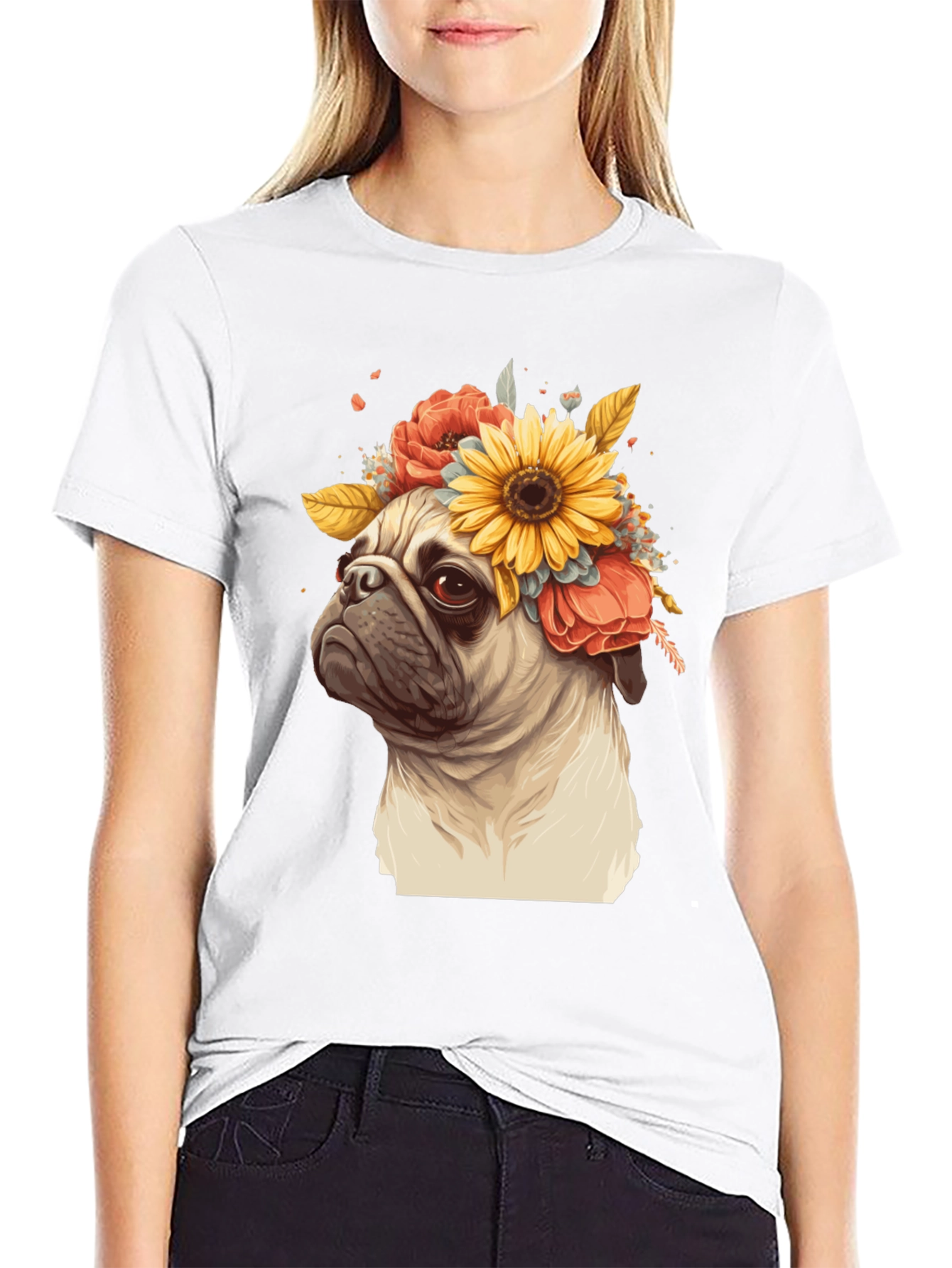 Pug with Floral Crown Graphic Tee