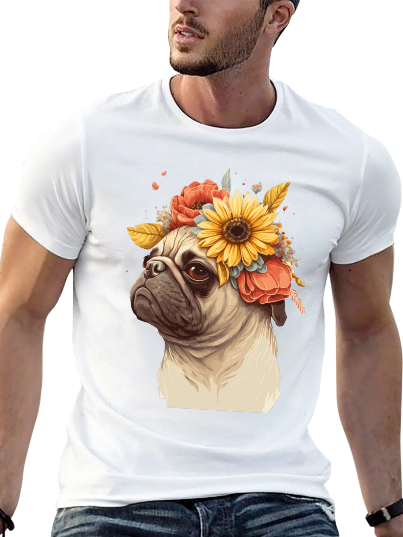 Pug with Floral Crown Graphic Tee