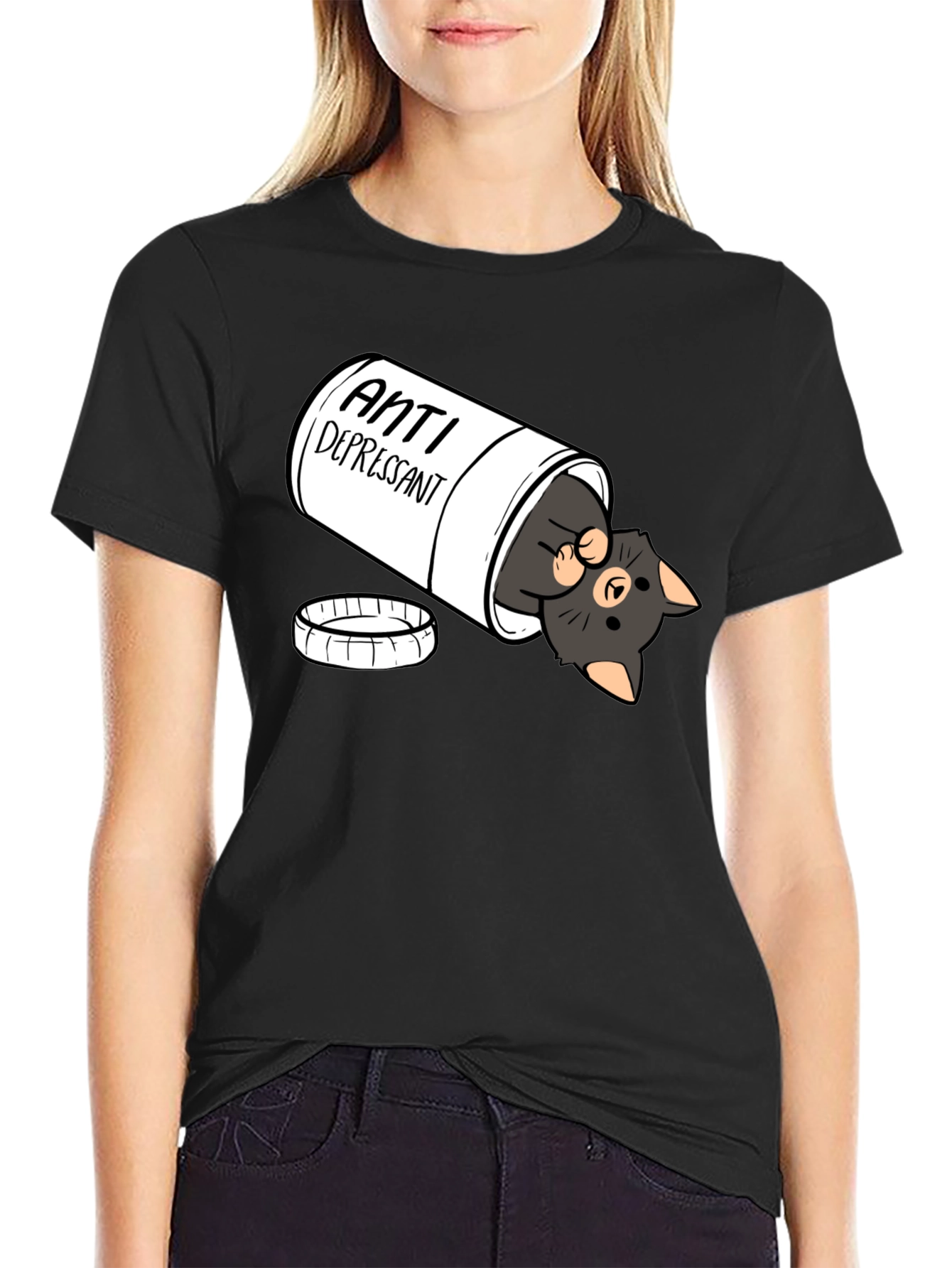 Anti-Depressant Cat T-Shirt - Black Crew Neck
