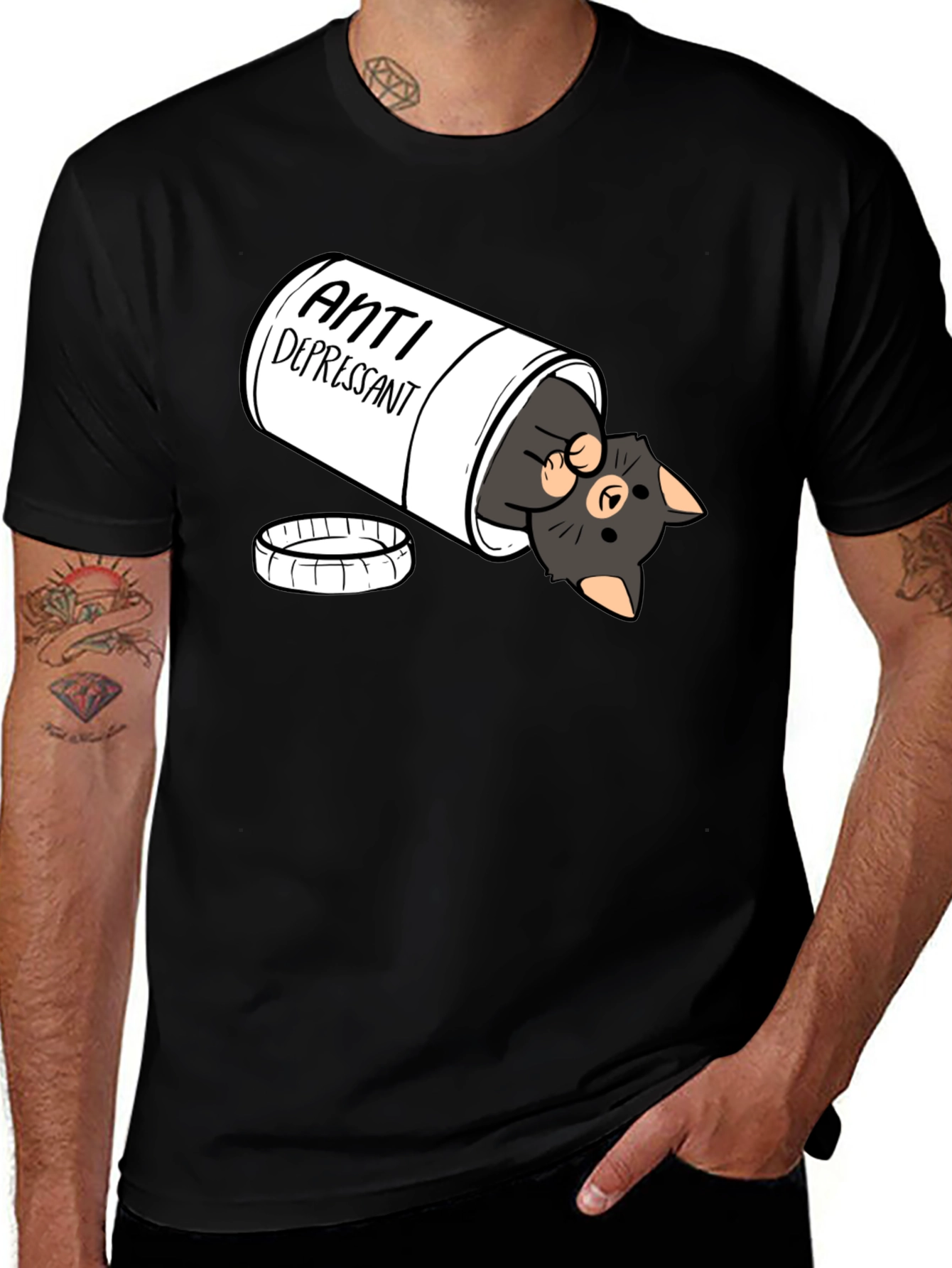 Anti-Depressant Cat T-Shirt - Black Crew Neck