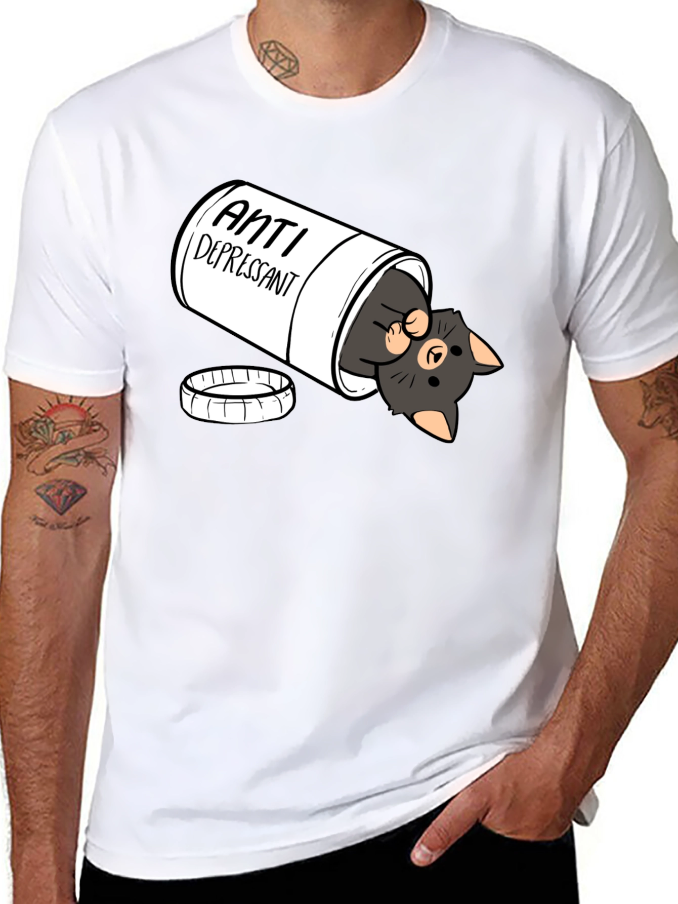 Anti-Depressant Cat T-Shirt - Black Crew Neck