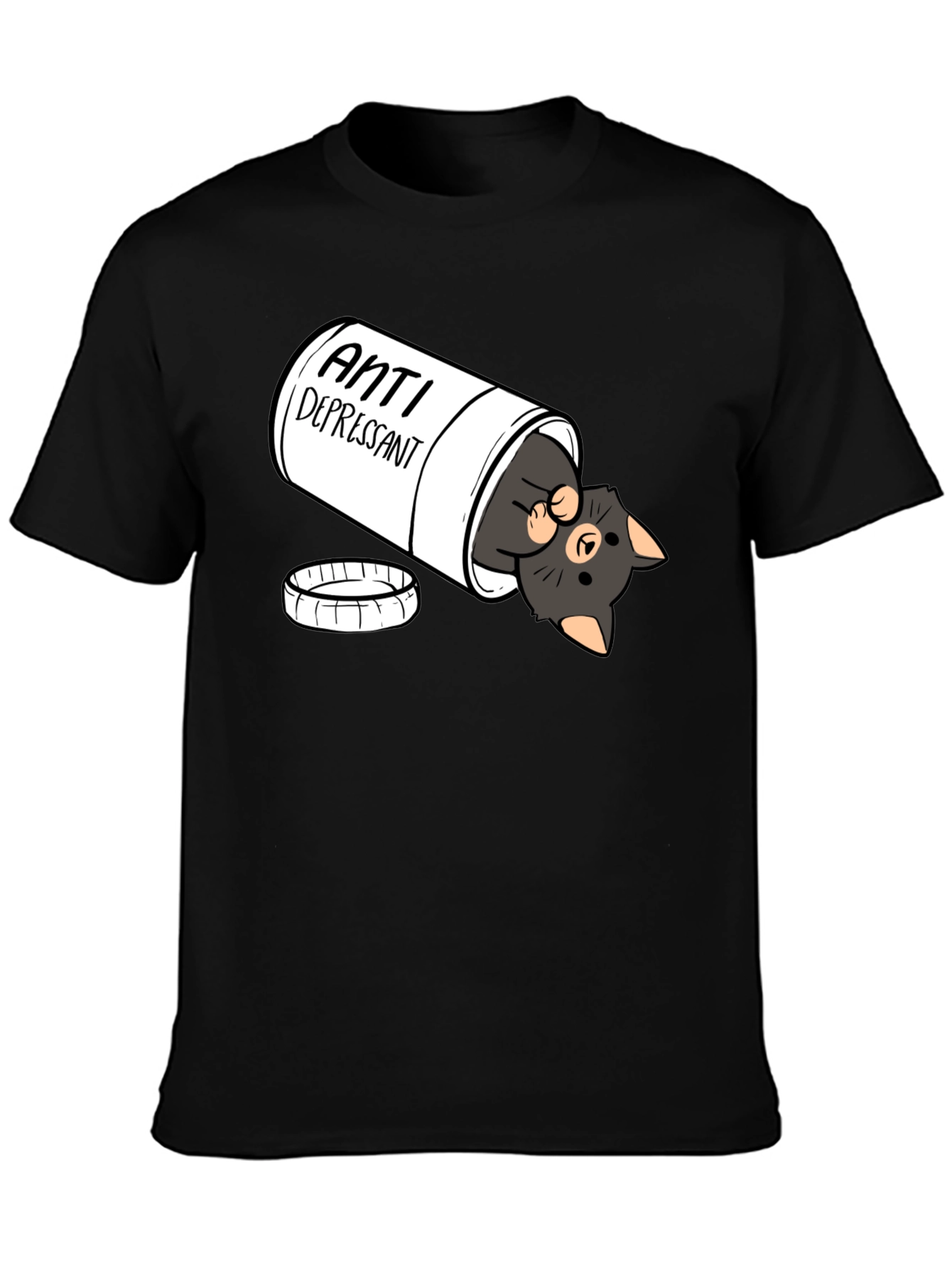 Anti-Depressant Cat T-Shirt - Black Crew Neck