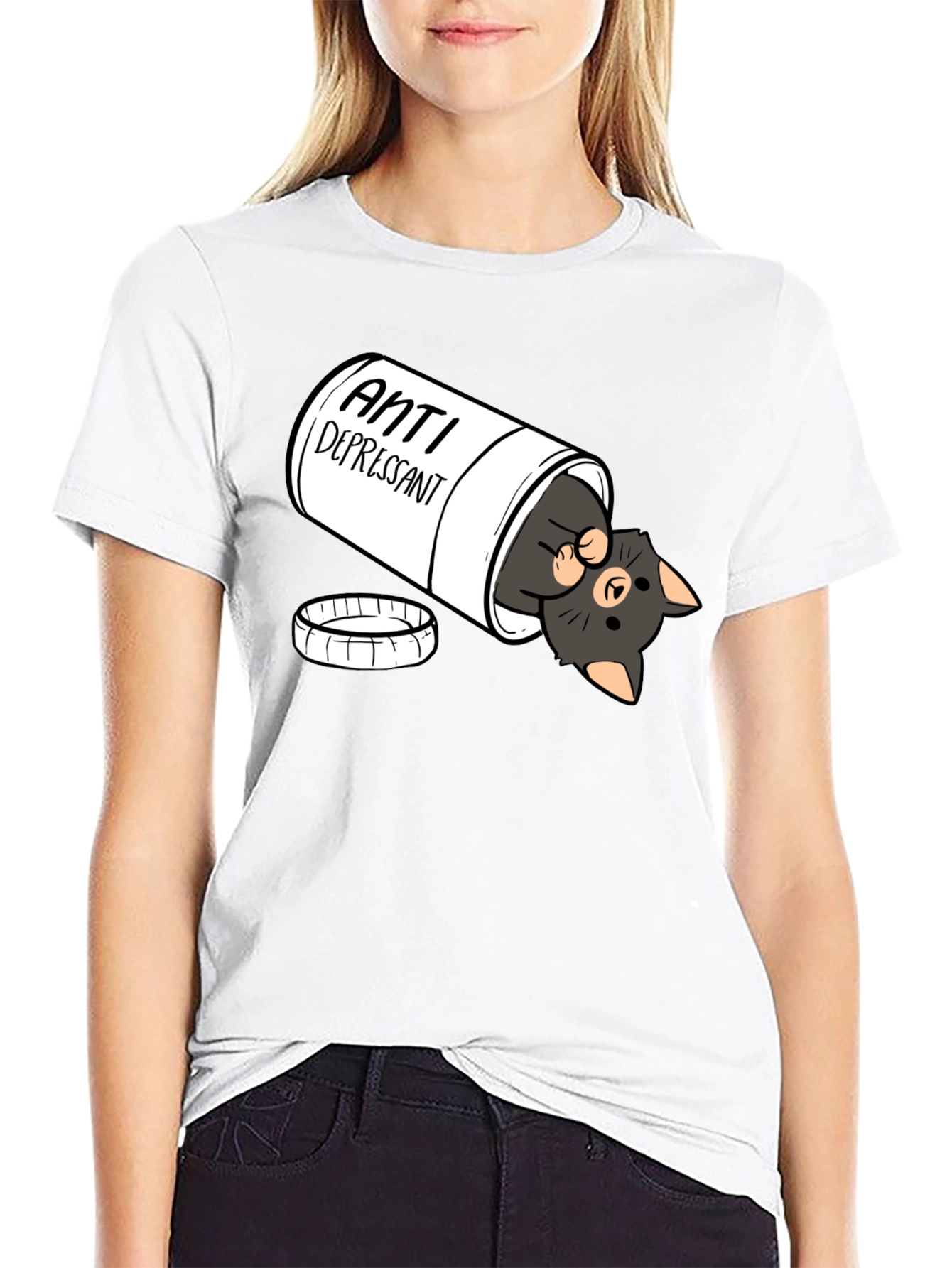 Anti-Depressant Cat T-Shirt - Black Crew Neck