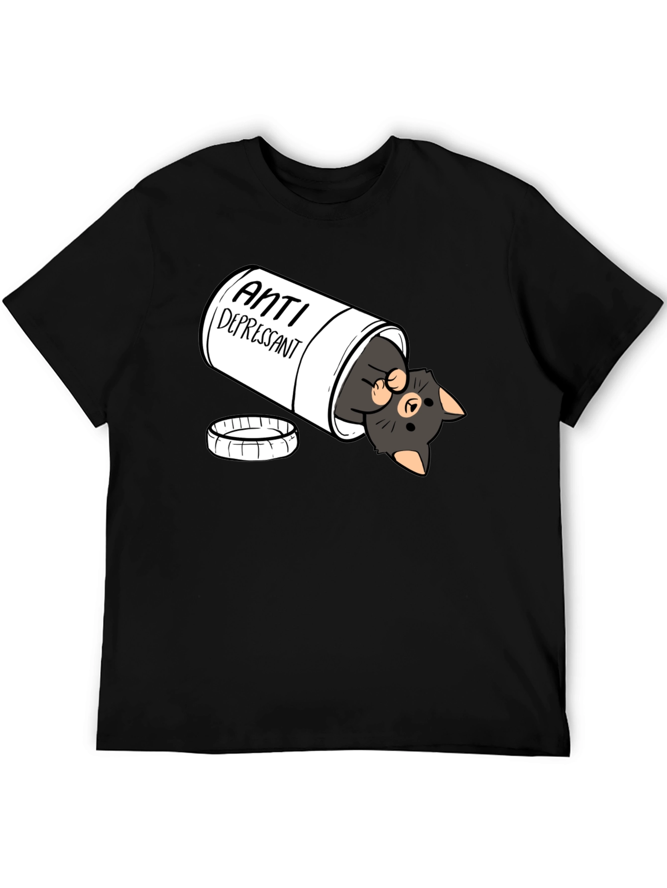 Anti-Depressant Cat T-Shirt - Black Crew Neck