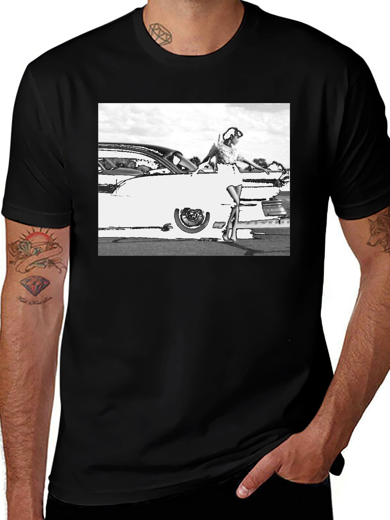 Retro Car & Model Graphic T-Shirt