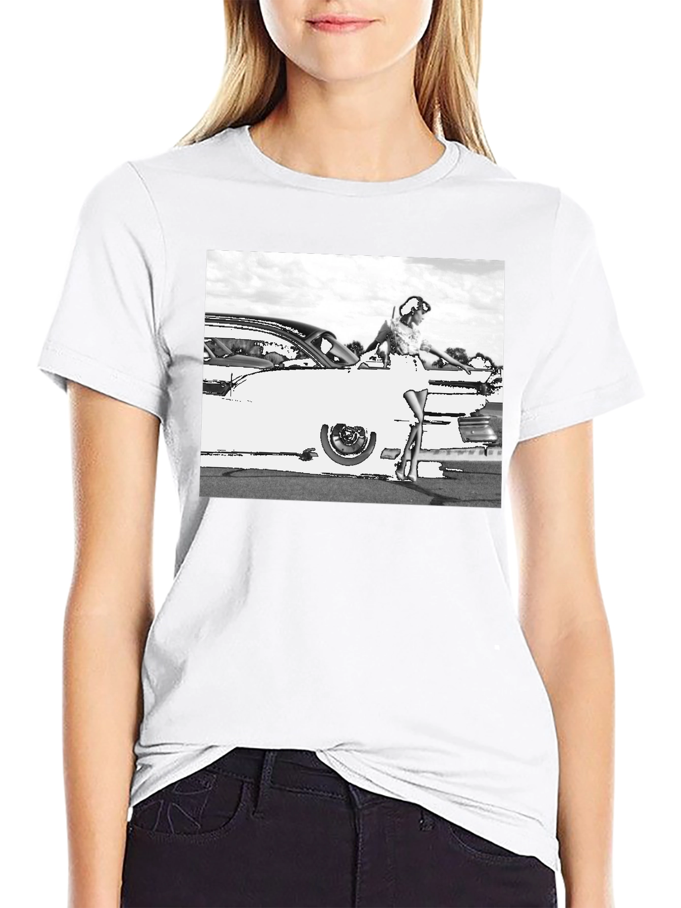 Retro Car & Model Graphic T-Shirt