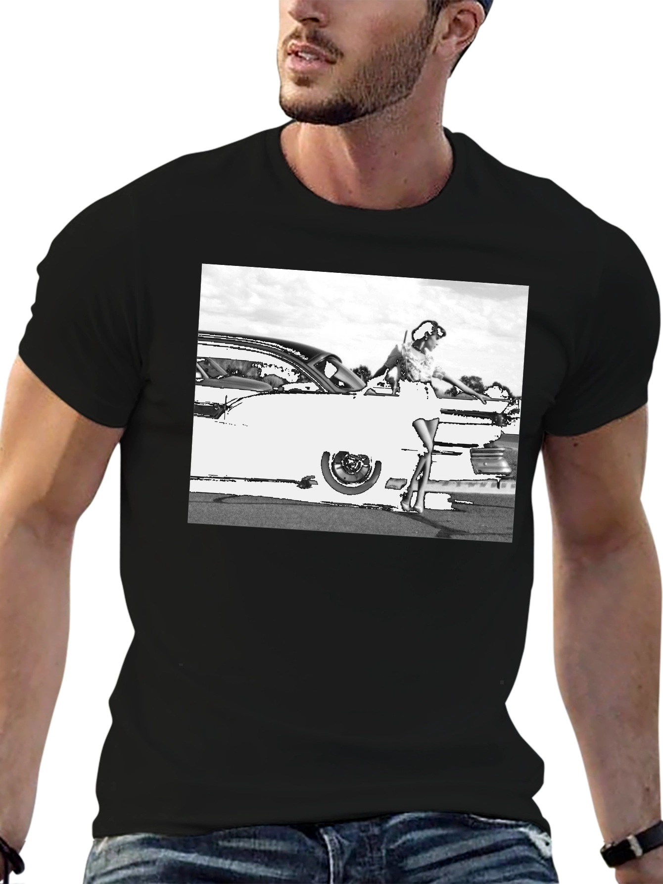 Retro Car & Model Graphic T-Shirt