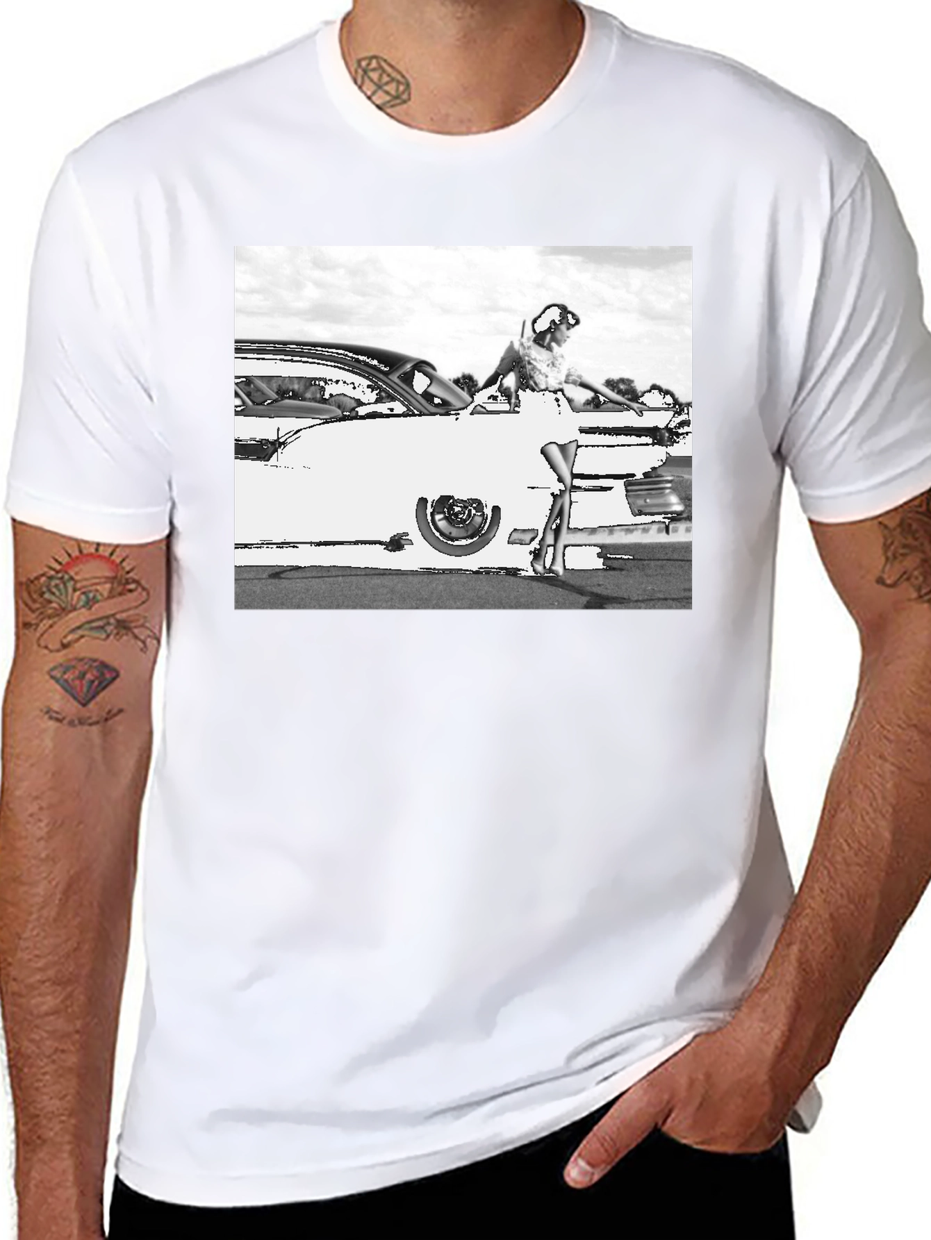Retro Car & Model Graphic T-Shirt