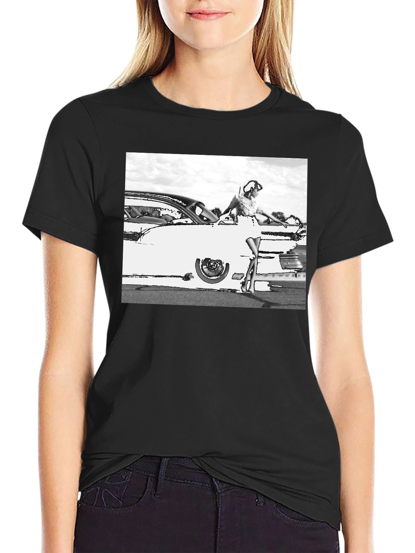Retro Car & Model Graphic T-Shirt