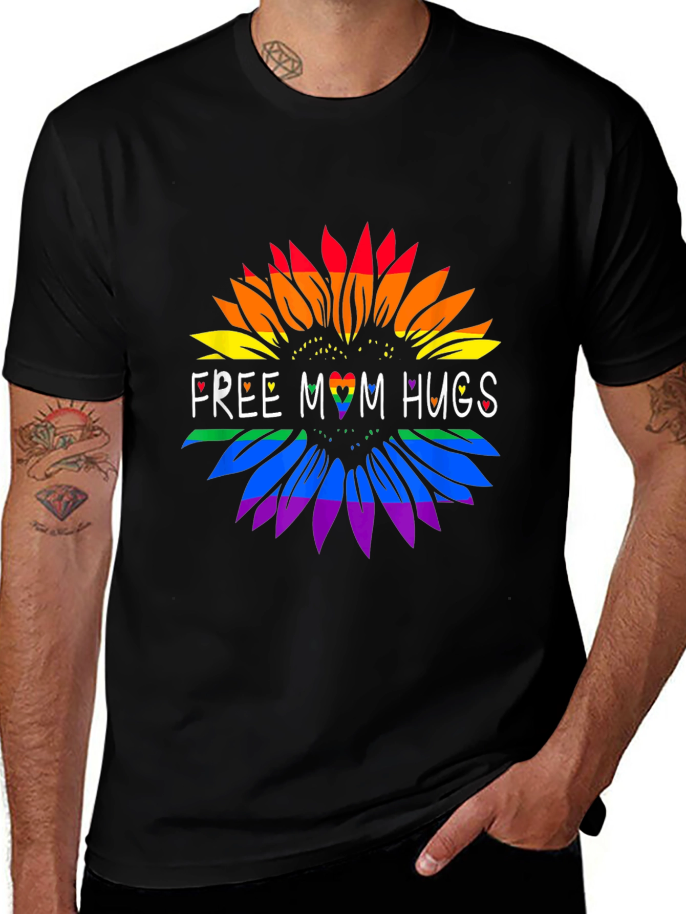 Rainbow Sunflower Free Mom Hugs Black Tee