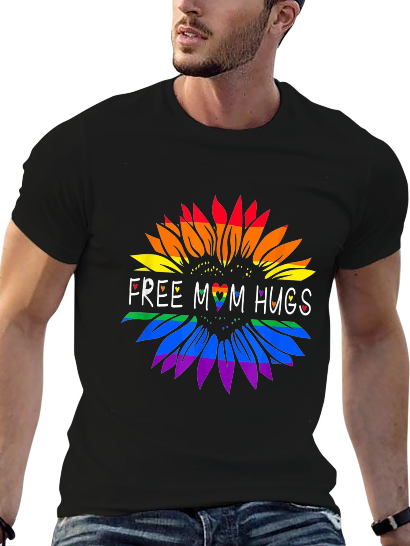 Rainbow Sunflower Free Mom Hugs Black Tee