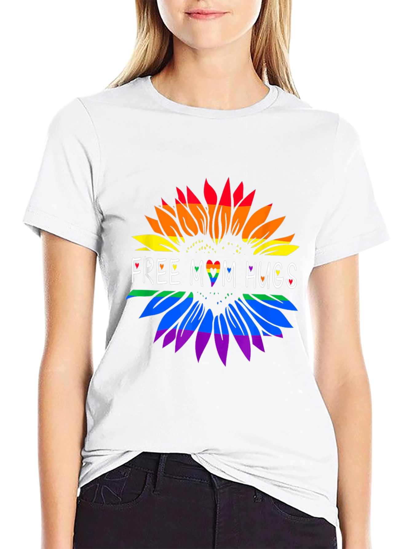 Rainbow Sunflower Free Mom Hugs Black Tee