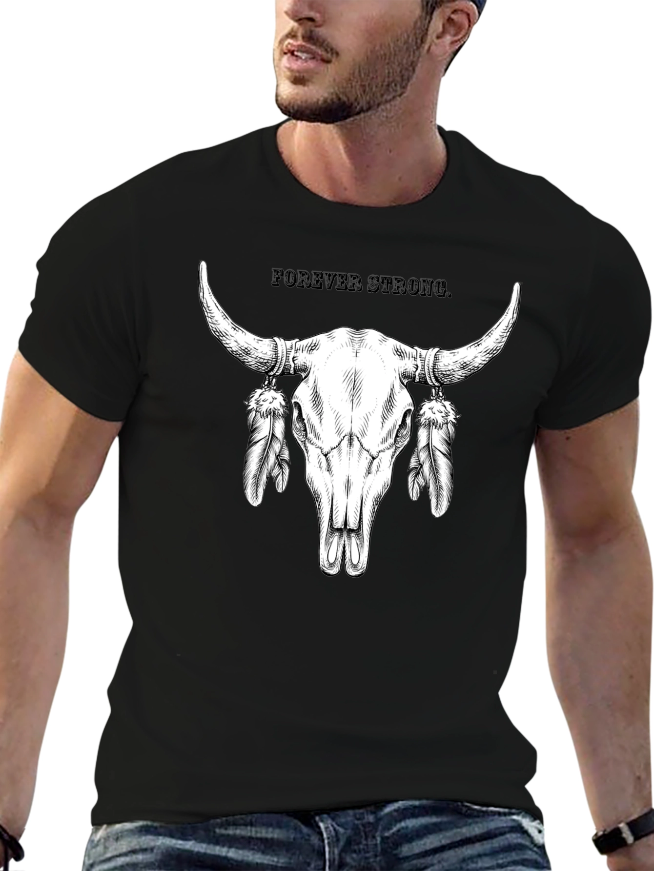 Forever Strong Bull Skull Feather Graphic Tee