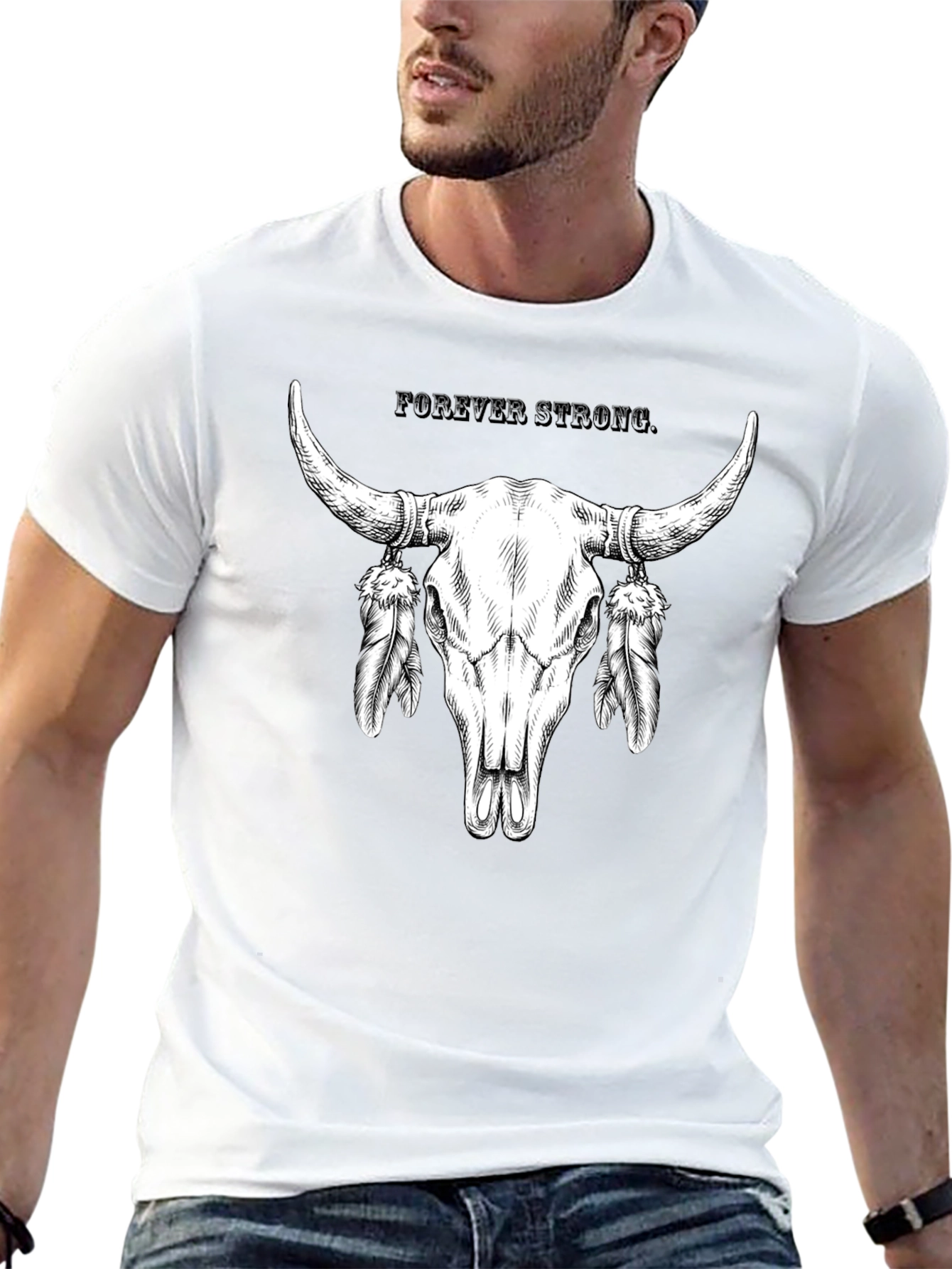 Forever Strong Bull Skull Feather Graphic Tee