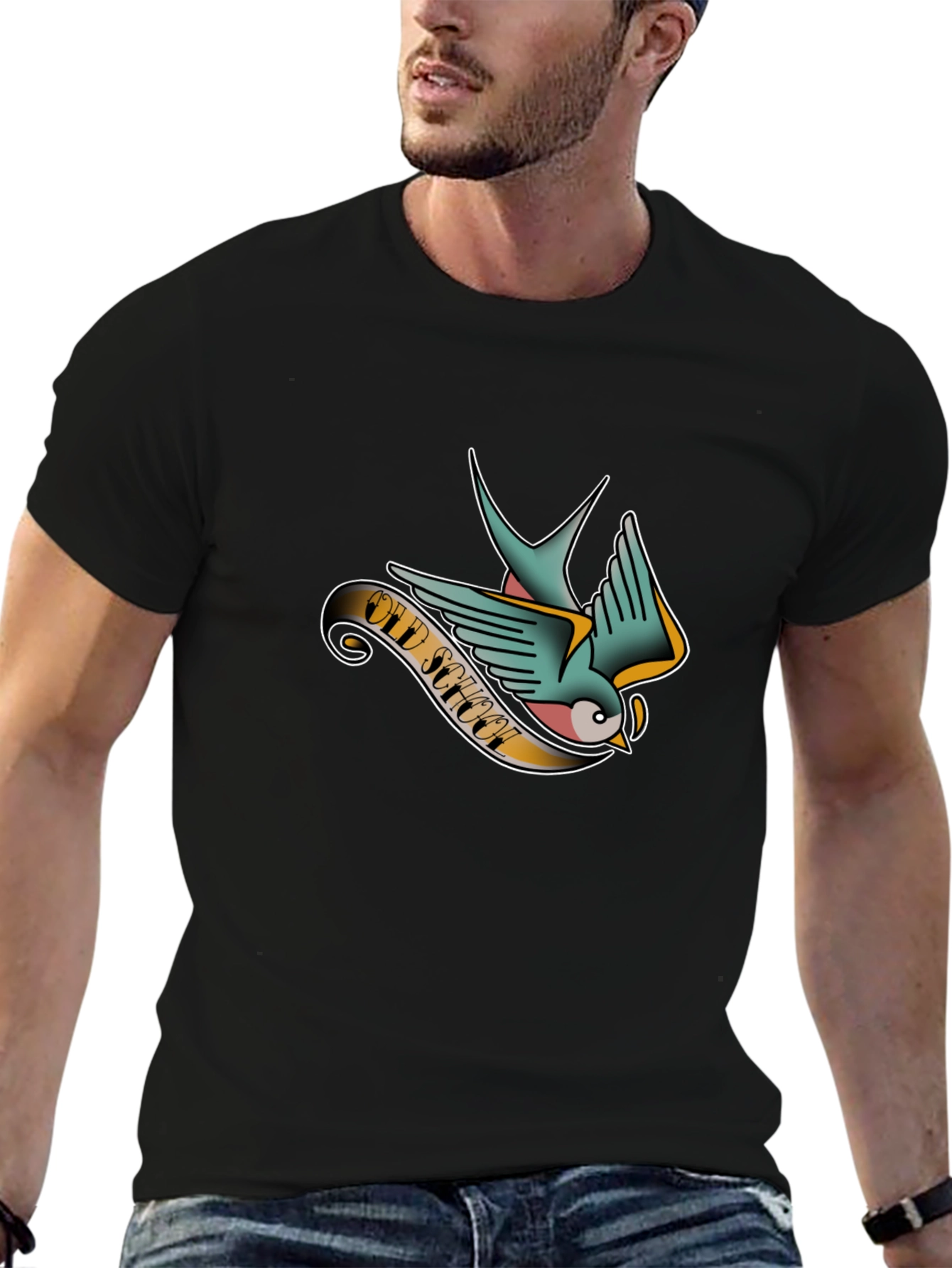 Old School Tattoo Style Swallow Graphic Tee - Black