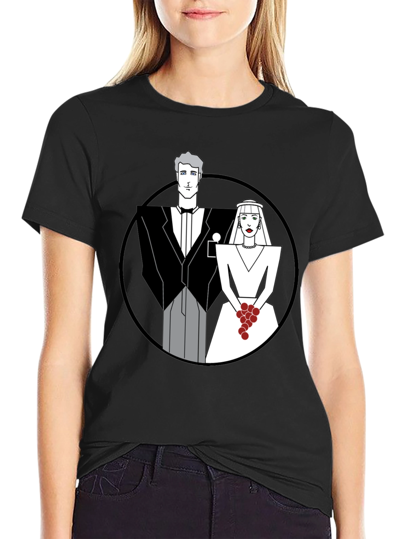 Art Deco Wedding Couple Graphic Tee - Black
