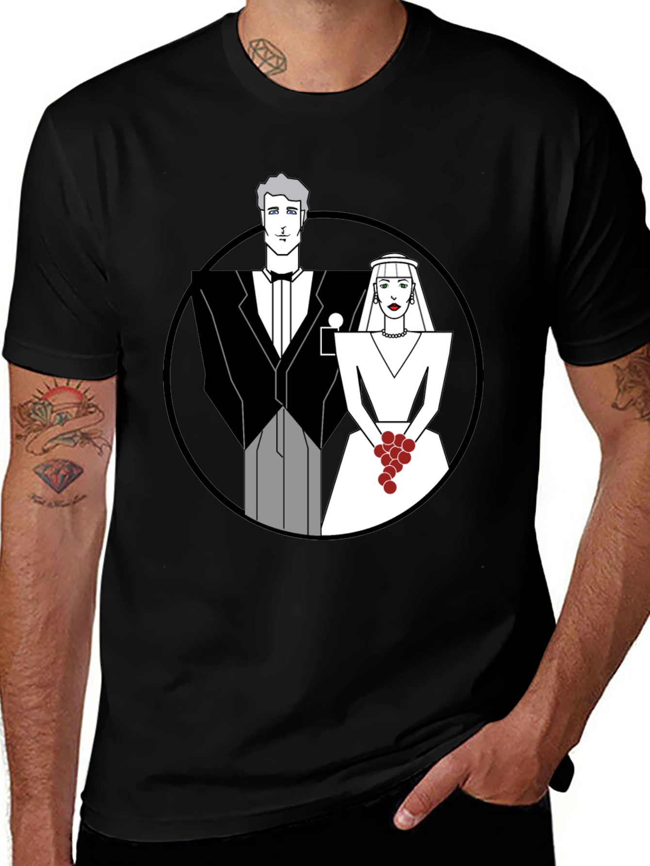 Art Deco Wedding Couple Graphic Tee - Black