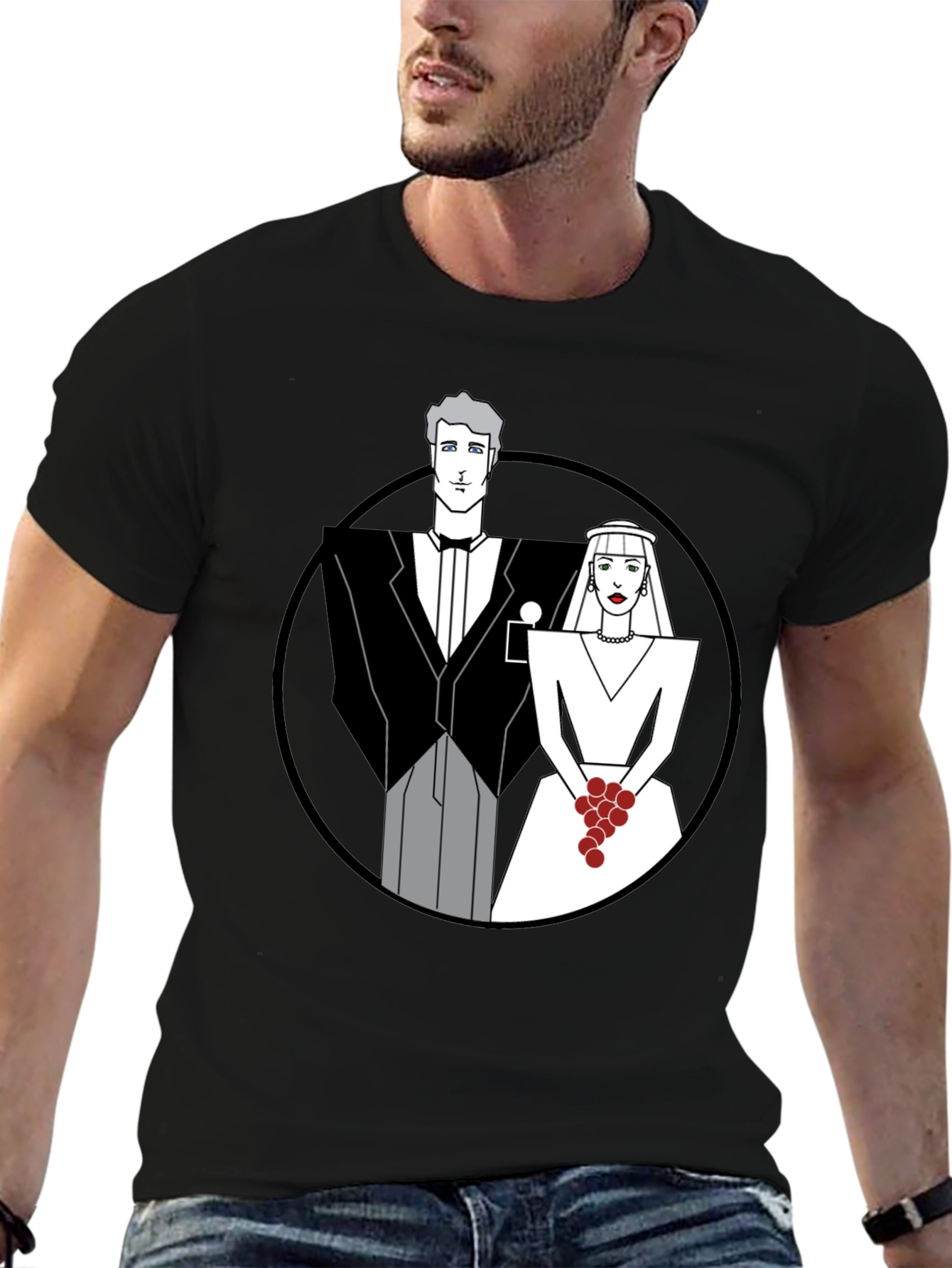 Art Deco Wedding Couple Graphic Tee - Black