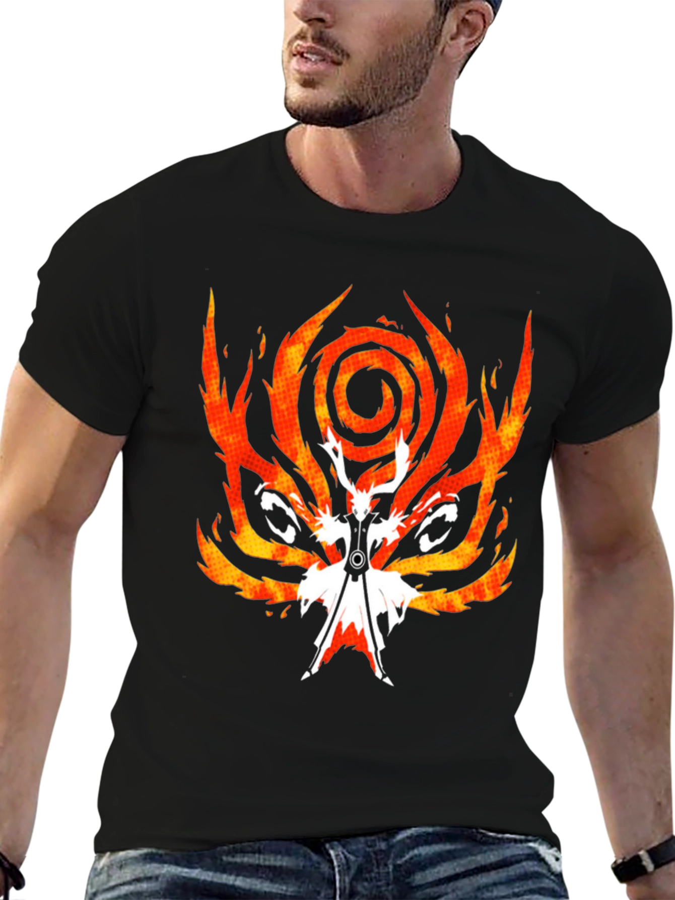 Fiery Anime Graphic Tee - Black Cotton Blend