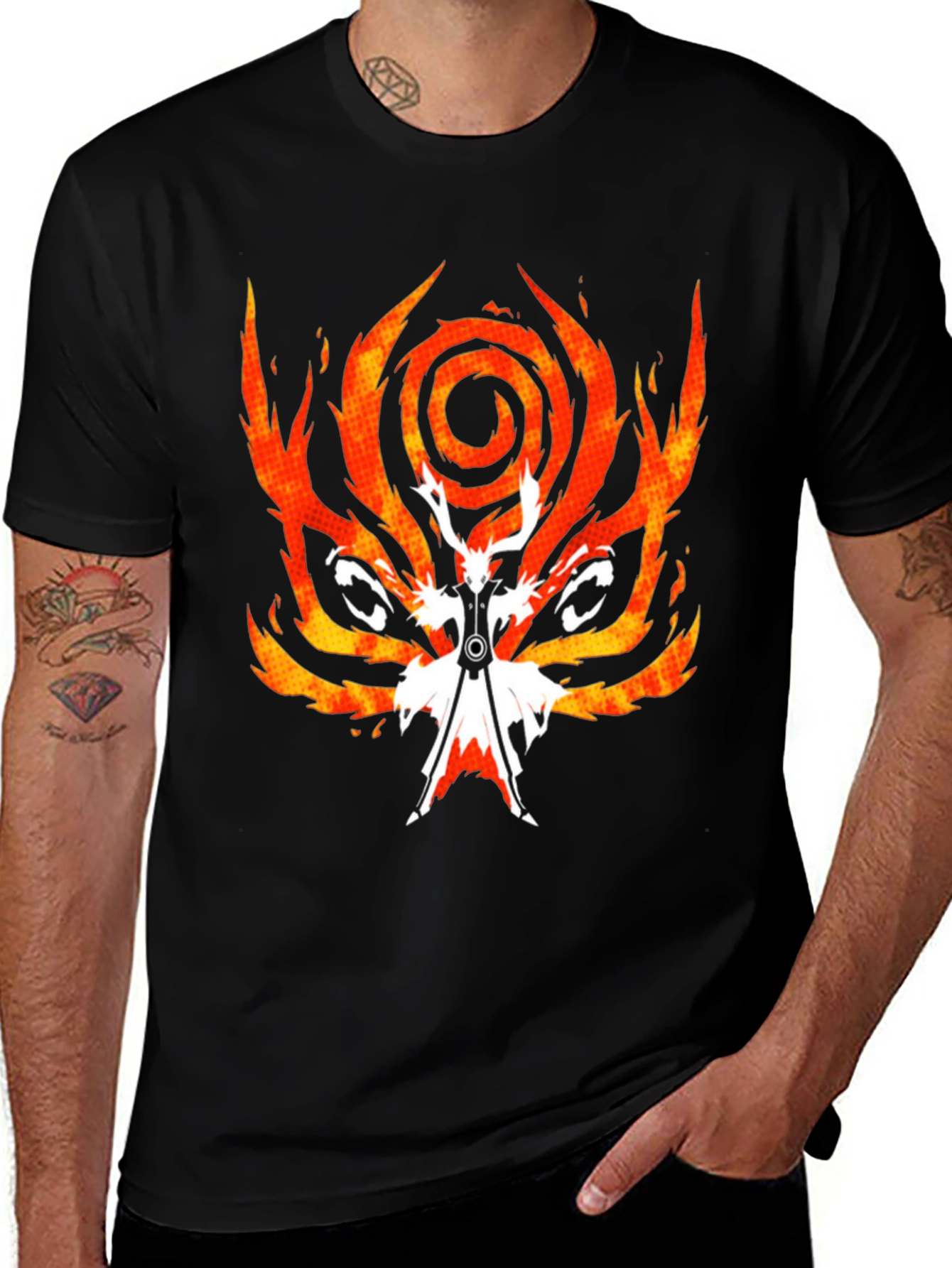 Fiery Anime Graphic Tee - Black Cotton Blend