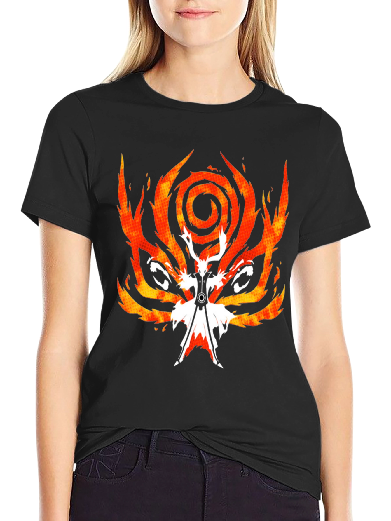 Fiery Anime Graphic Tee - Black Cotton Blend