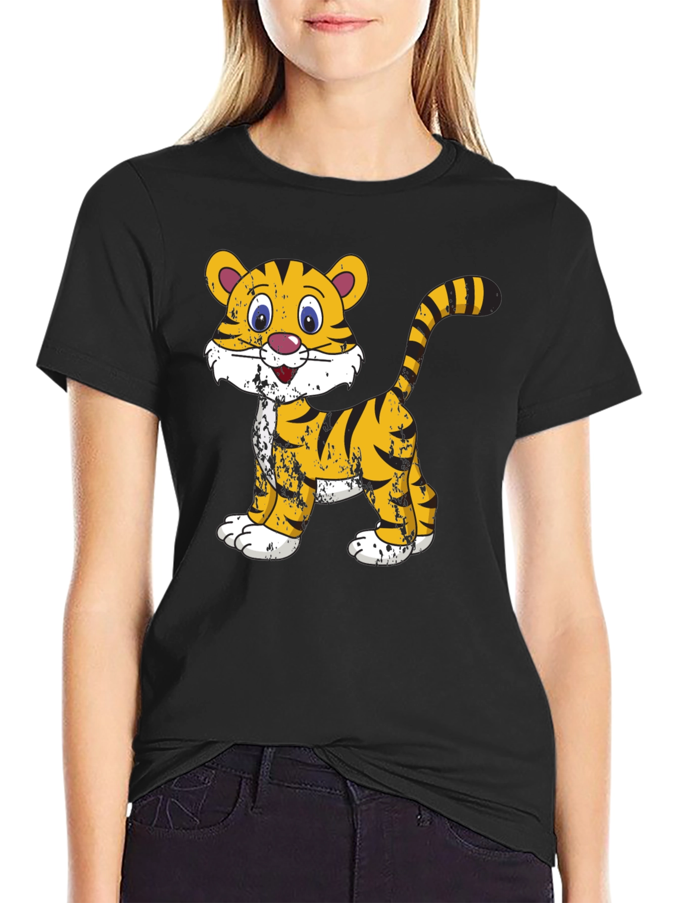 Cartoon Tiger Graphic T-Shirt - Black Cotton Tee