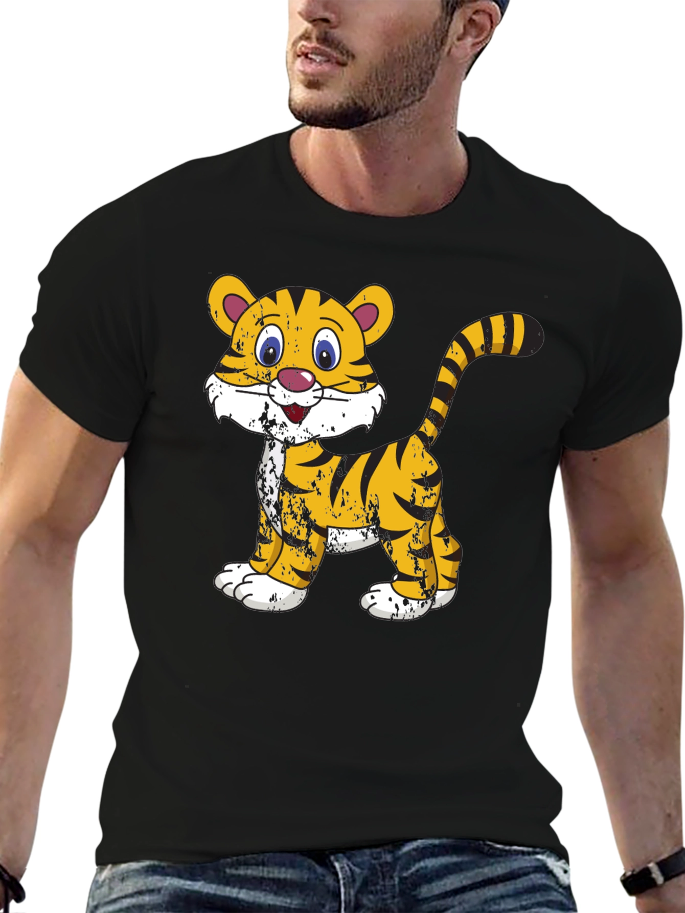 Cartoon Tiger Graphic T-Shirt - Black Cotton Tee