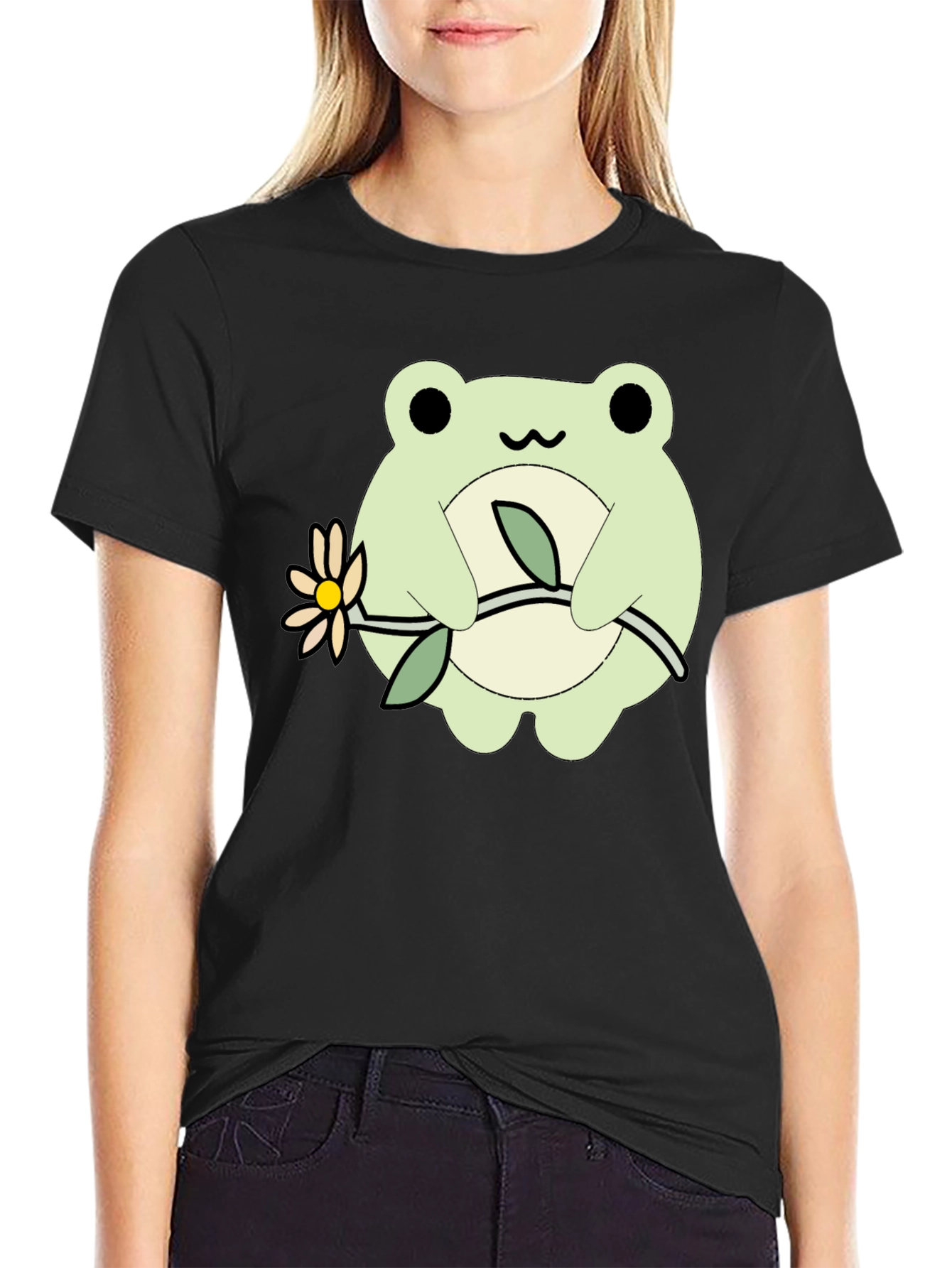 Cute Frog Holding Flower Graphic T-Shirt