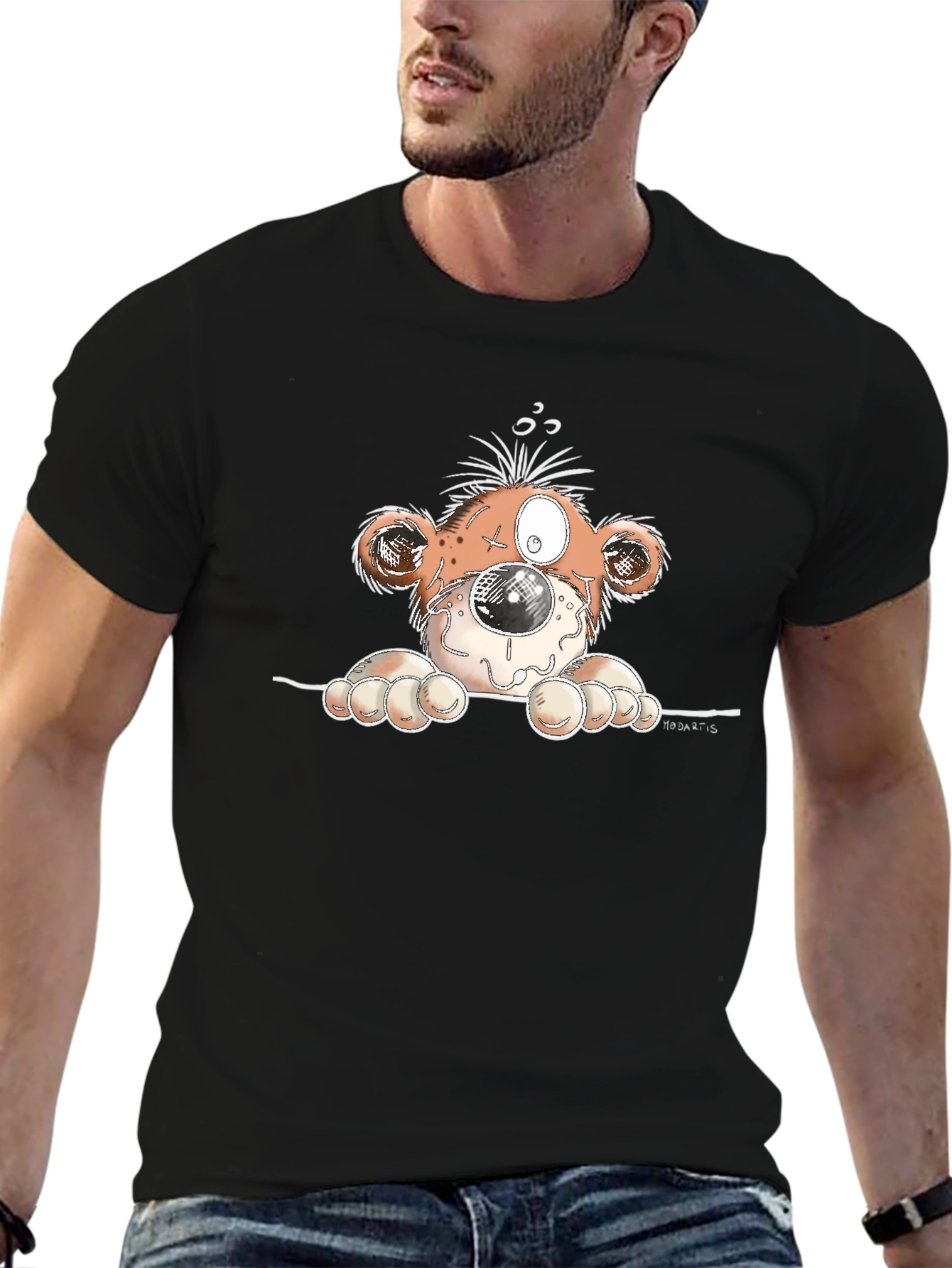 Cartoon Monster Graphic Tee - Black Cotton