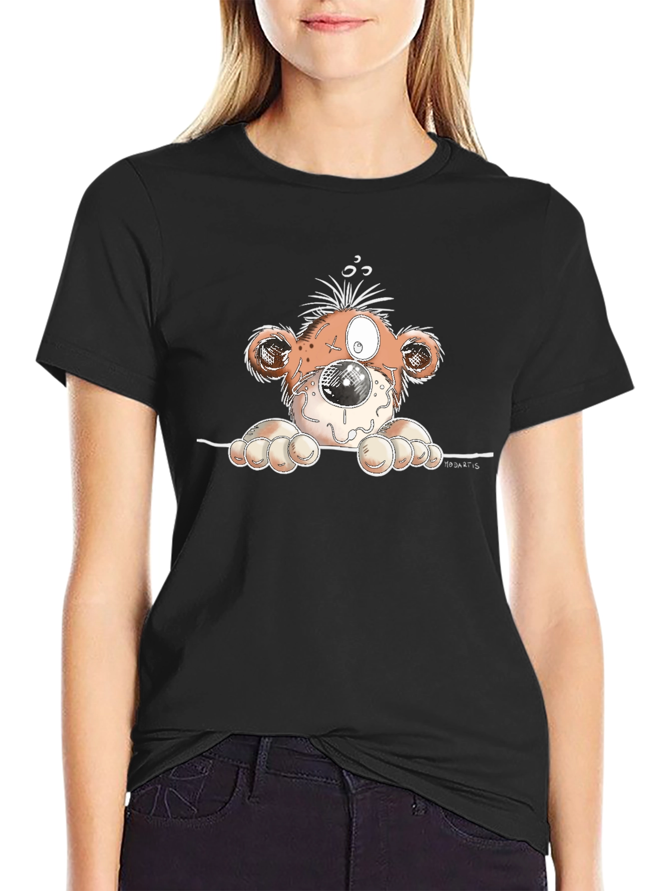 Cartoon Monster Graphic Tee - Black Cotton