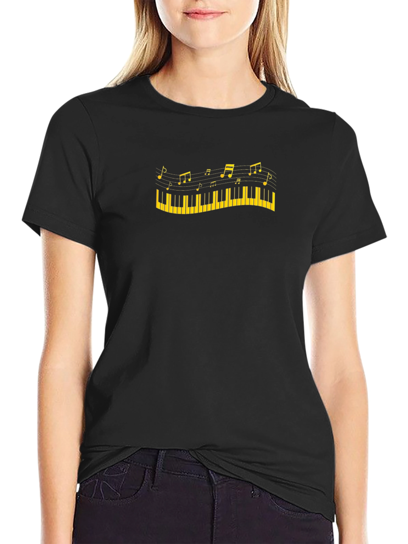 Piano Keys and Notes Graphic Black T-Shirt