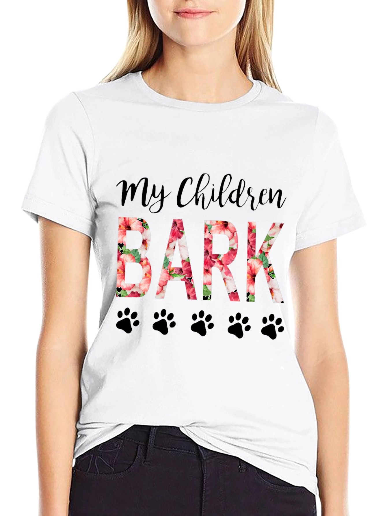 My Children Bark Floral Paw Print Graphic T-Shirt