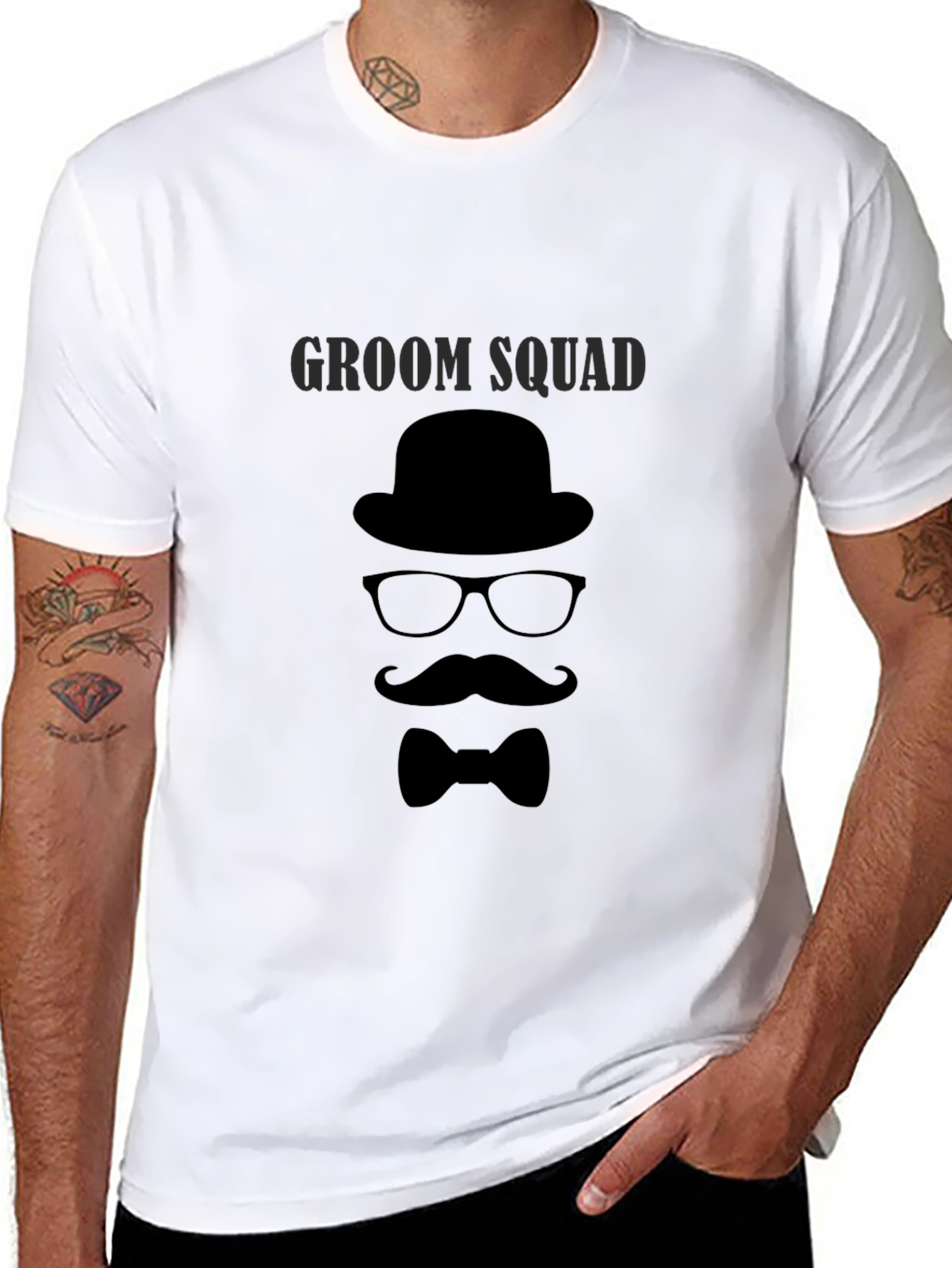 Groom Squad T-Shirt - Bowler Hat Bow Tie Design