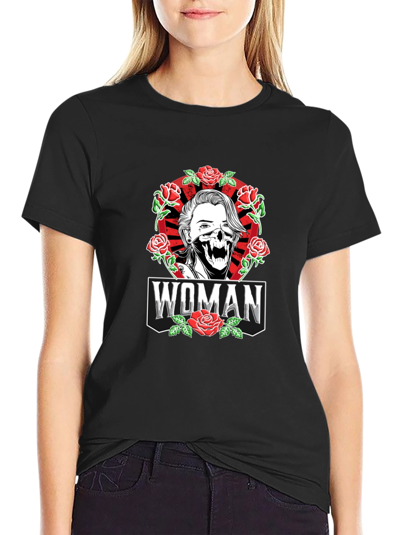 Woman Skeleton Rose Graphic Black T-shirt