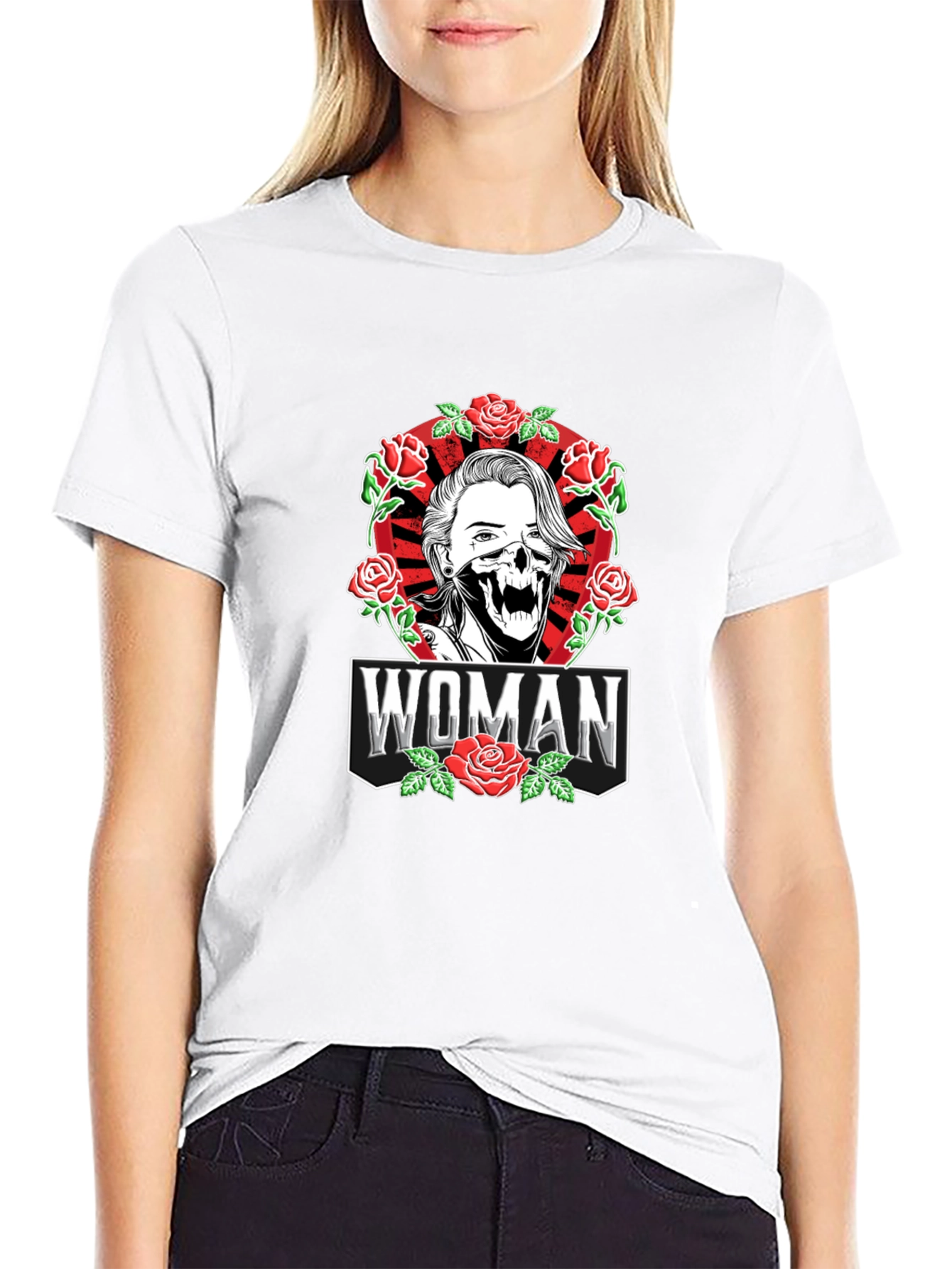 Woman Skeleton Rose Graphic Black T-shirt