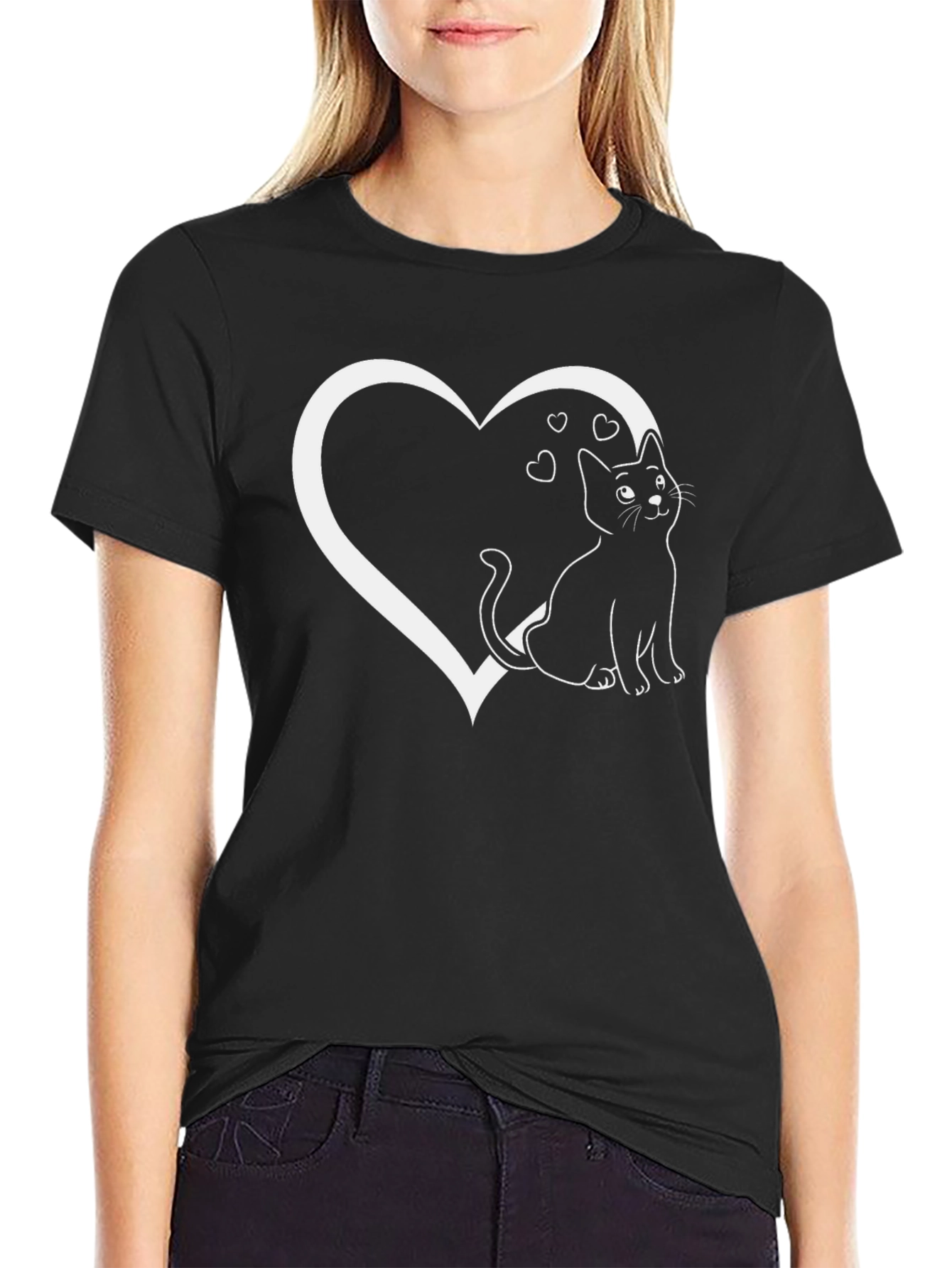 Cat Heart Graphic Tee - Black Cotton Blend T-Shirt