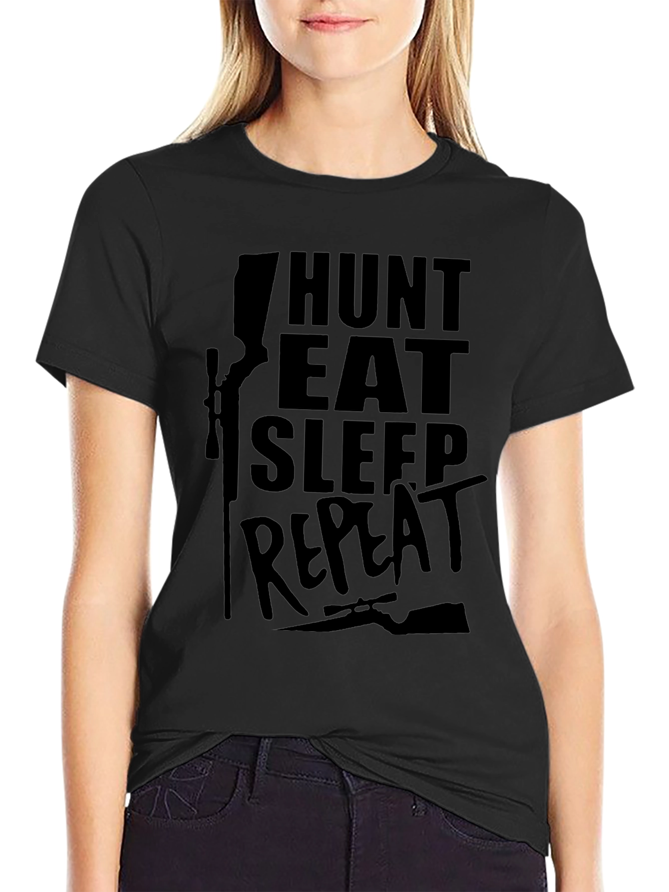 Hunt Eat Sleep Repeat Black Graphic T-Shirt