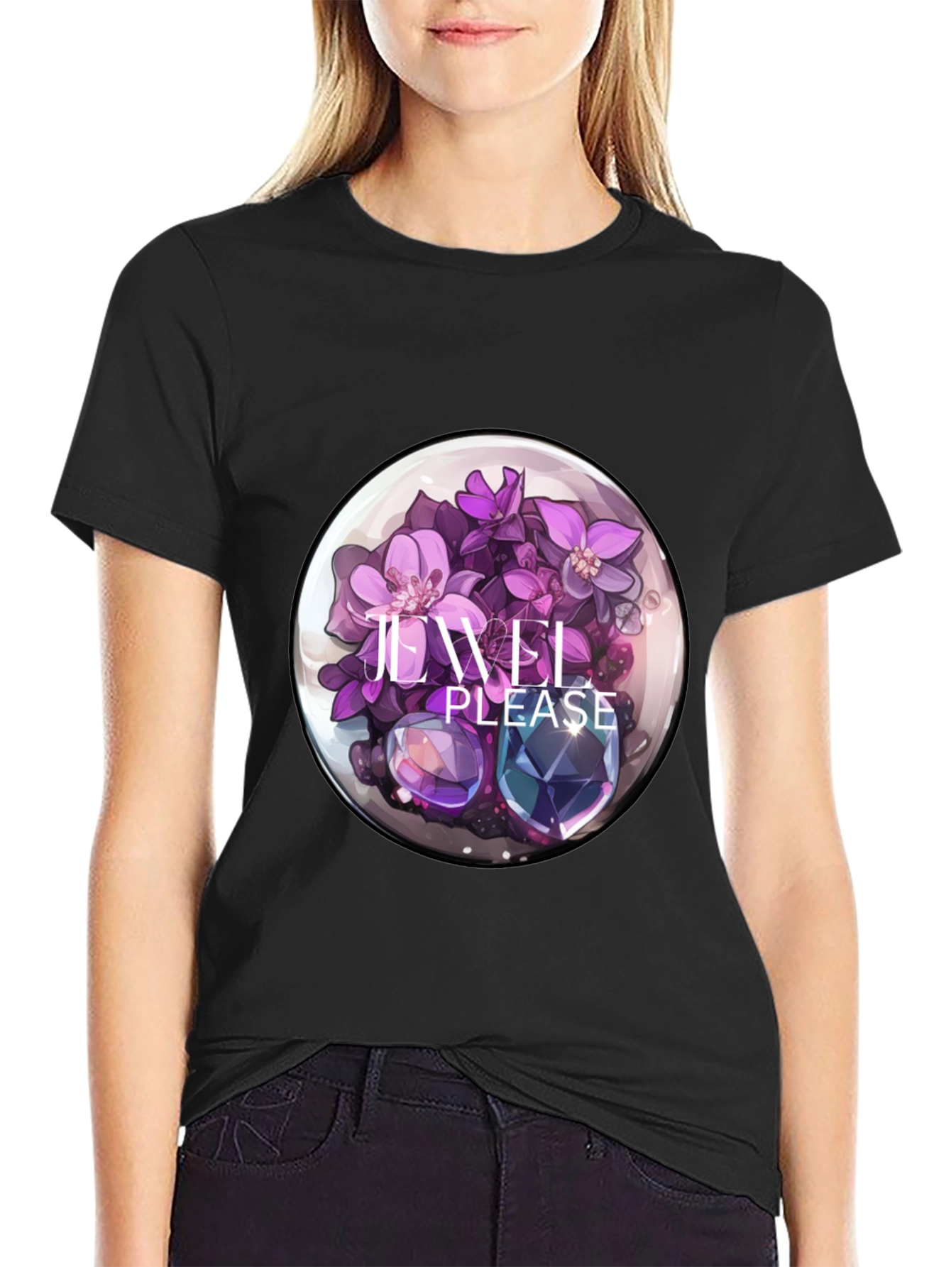 Floral Jewel Graphic Tee - Sleek Black T-Shirt