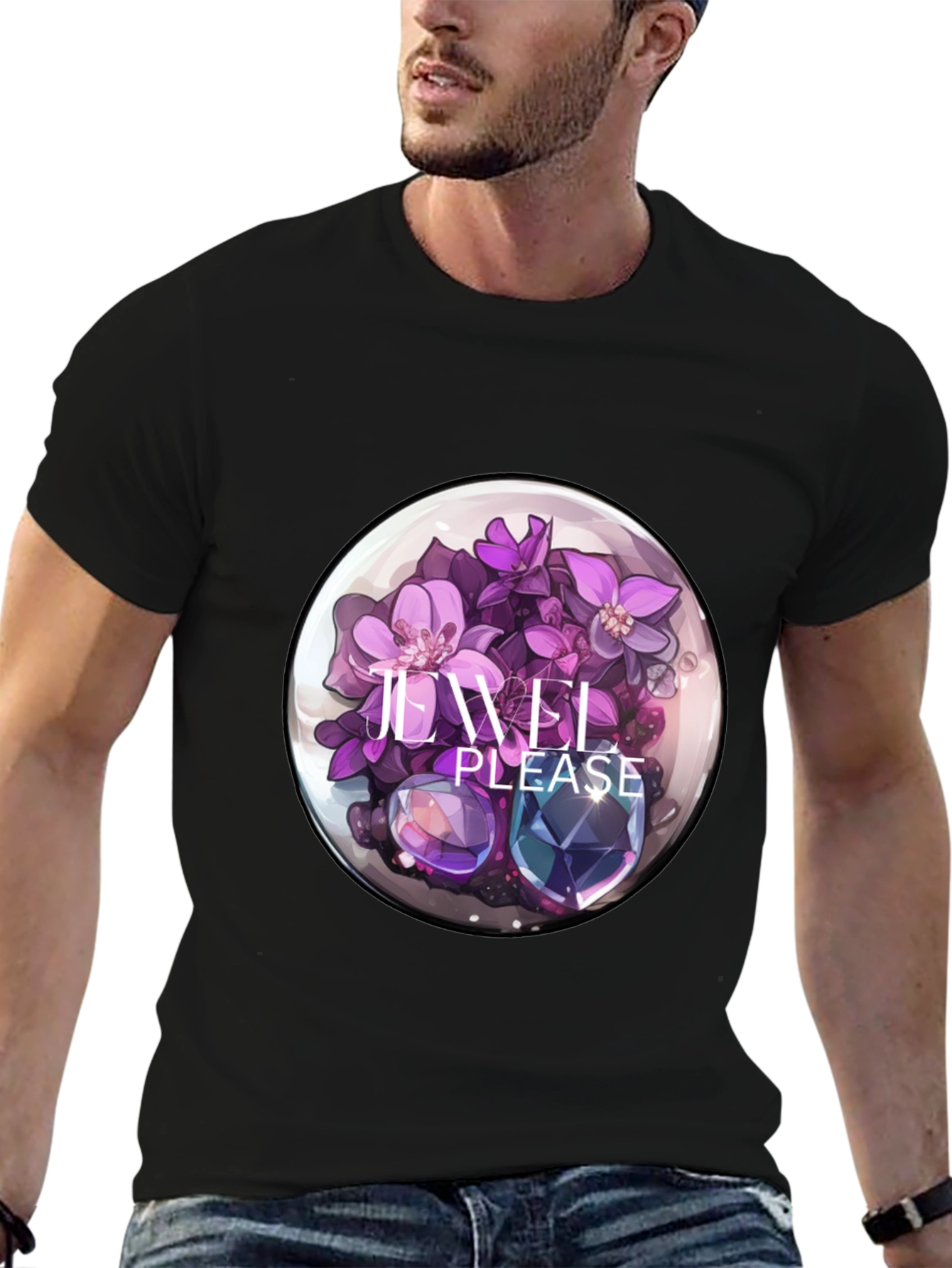 Floral Jewel Graphic Tee - Sleek Black T-Shirt