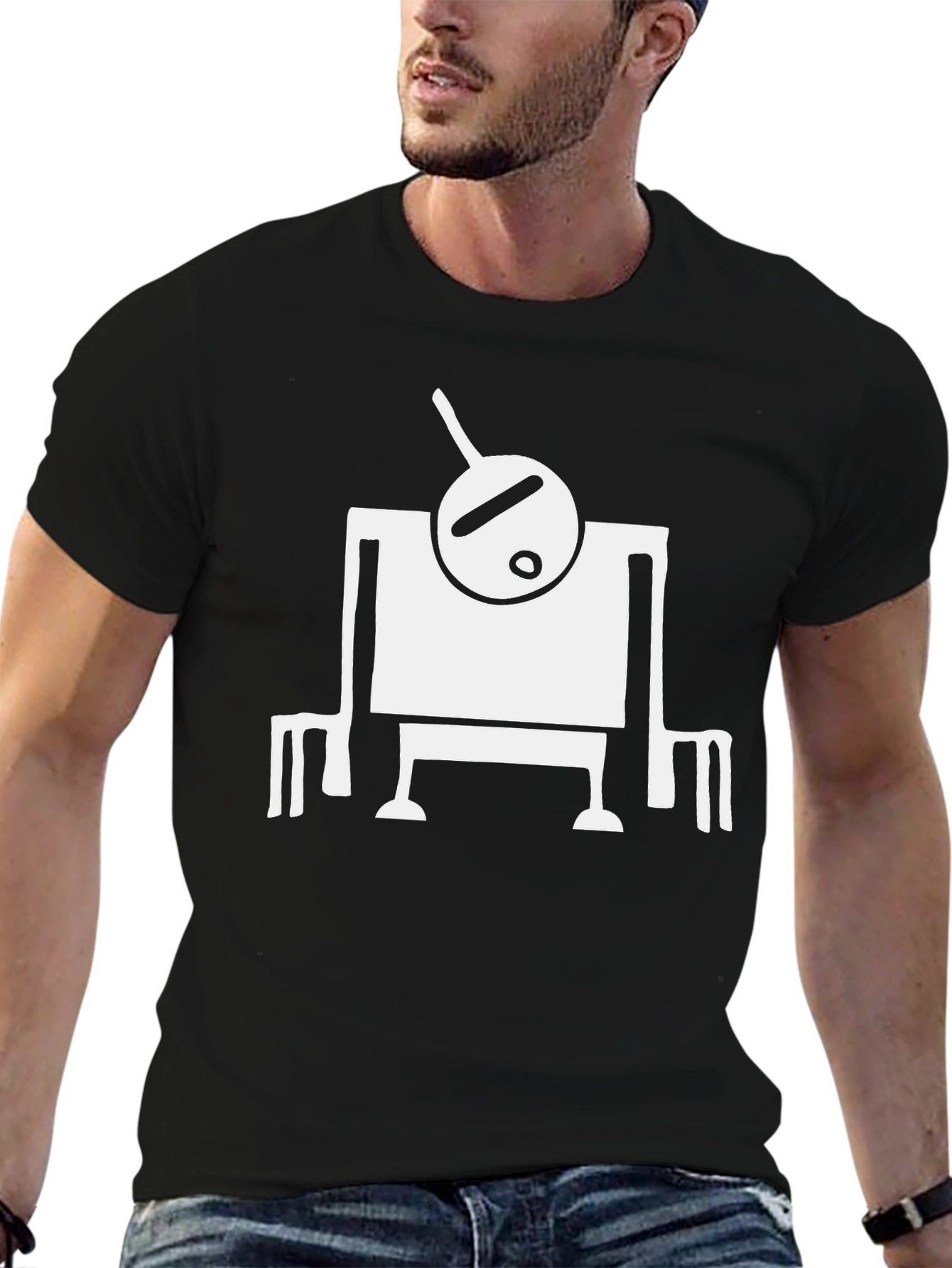 Abstract Robot Graphic Tee - Black Cotton Shirt