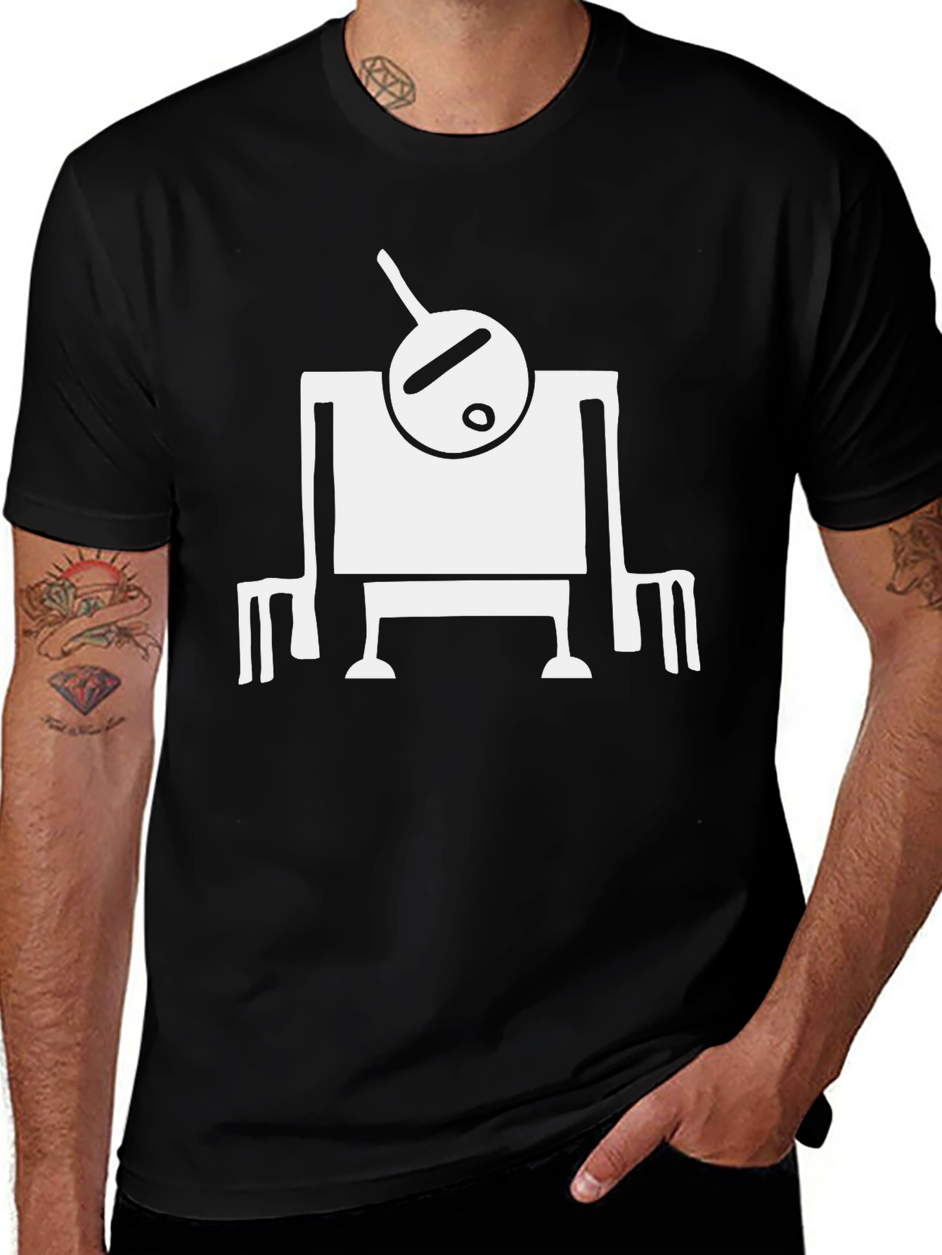 Abstract Robot Graphic Tee - Black Cotton Shirt