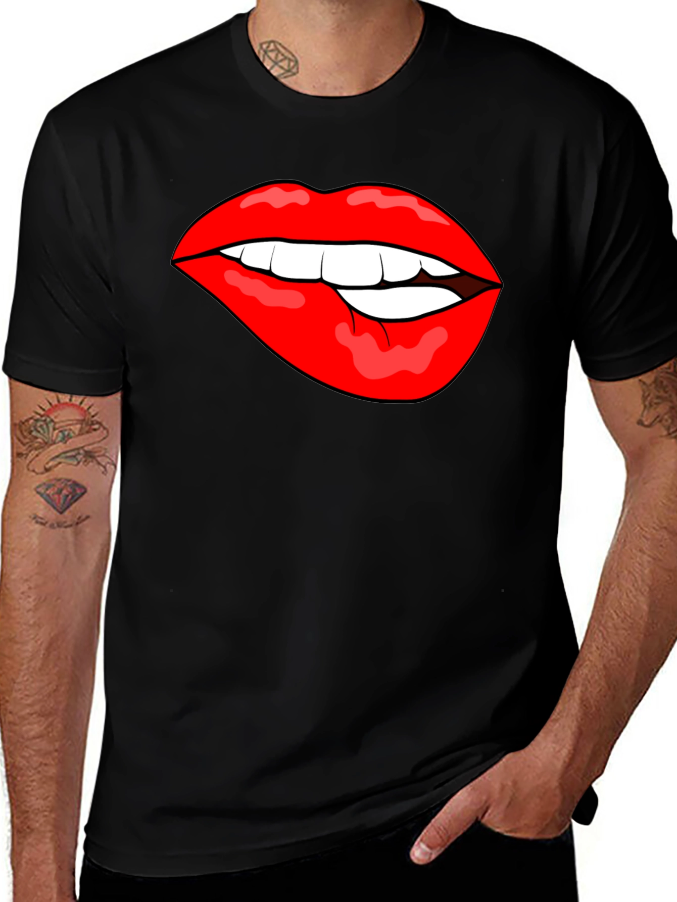 Biting Lips Graphic T-Shirt - Bold Black Cotton Tee